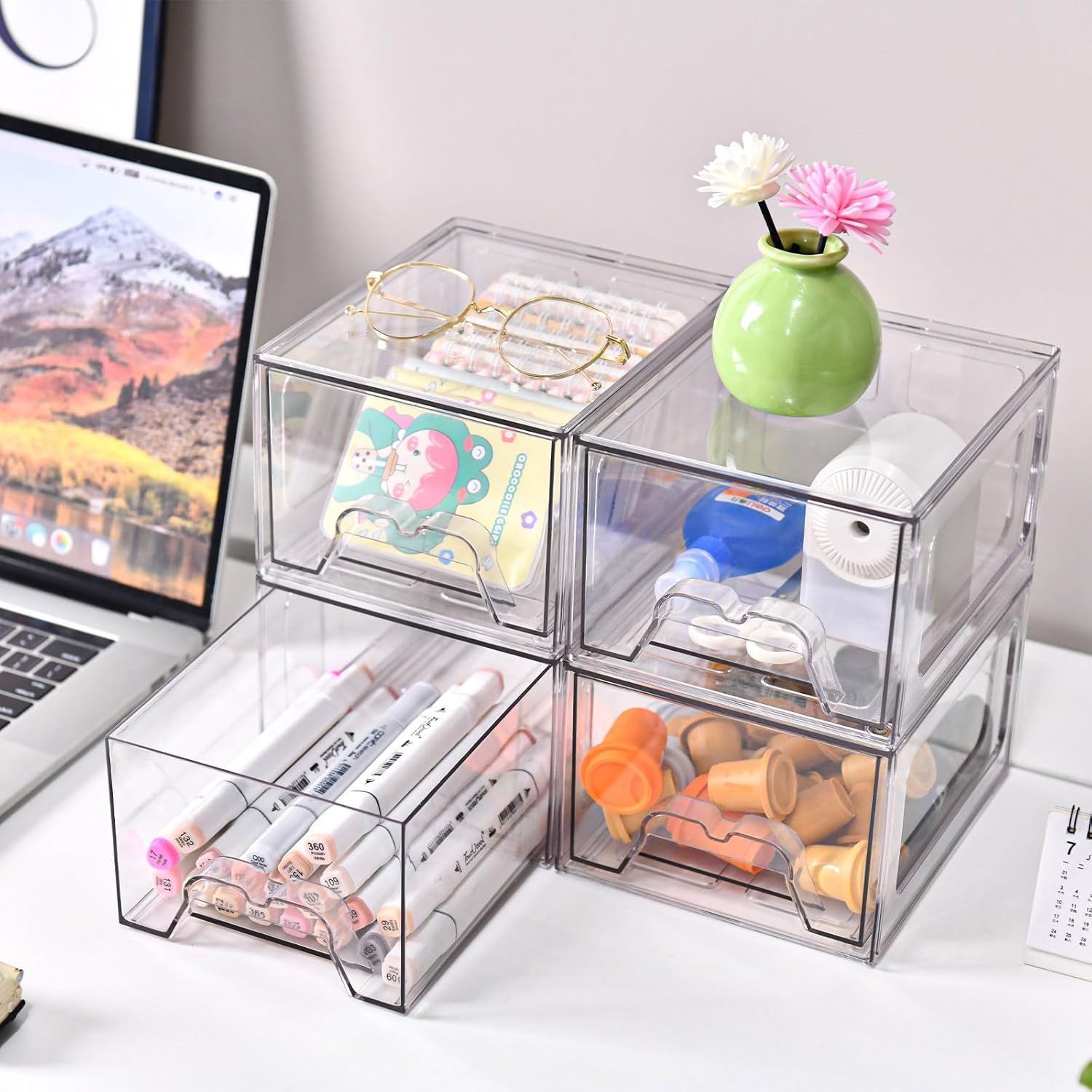 Private Label 6 Pack Stackable Makeup Organizer, 4.4'' Tall Acrylic Bathroom Makeup Organizer and Storage Drawer with Pull-out Handle, Clear Plastic Storage Bins for Vanity,Pantry,Desk,Undersink,Kitchen Factory Direct Price