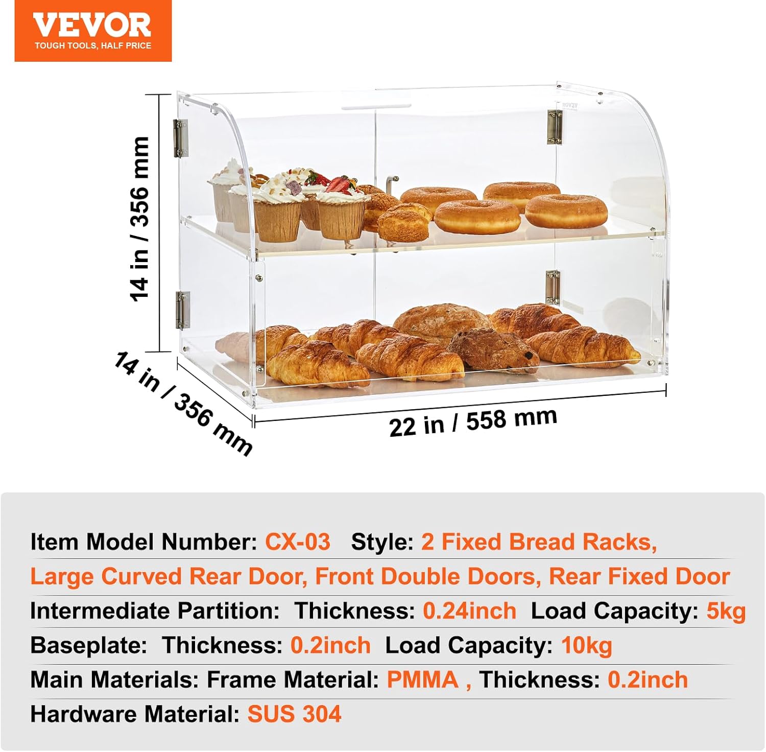 Wholesale OEM ODM VEVOR Pastry Display Case, 2-Tier Commercial Countertop Bakery Display Case, Acrylic Display Box with Rear Door Access & Removable Shelves, Keep Fresh for Donut Bagels Cake Cookie, 22"x14"x14" Factory & Supplier