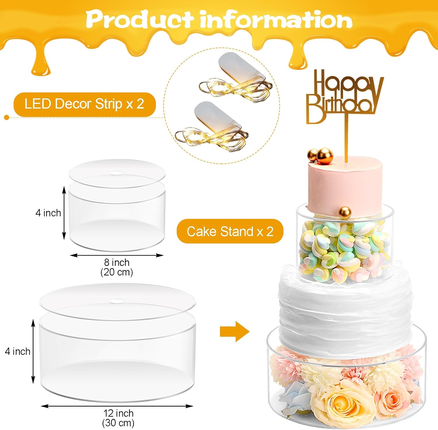 Private Label Choowin 2 Pcs Acrylic Cake Stand with Lid - Fillable, Floating, Clear, Round Cake Stand for Birthday & Wedding & Party (12 inch, 8 inch) Wholesale Manufacturer