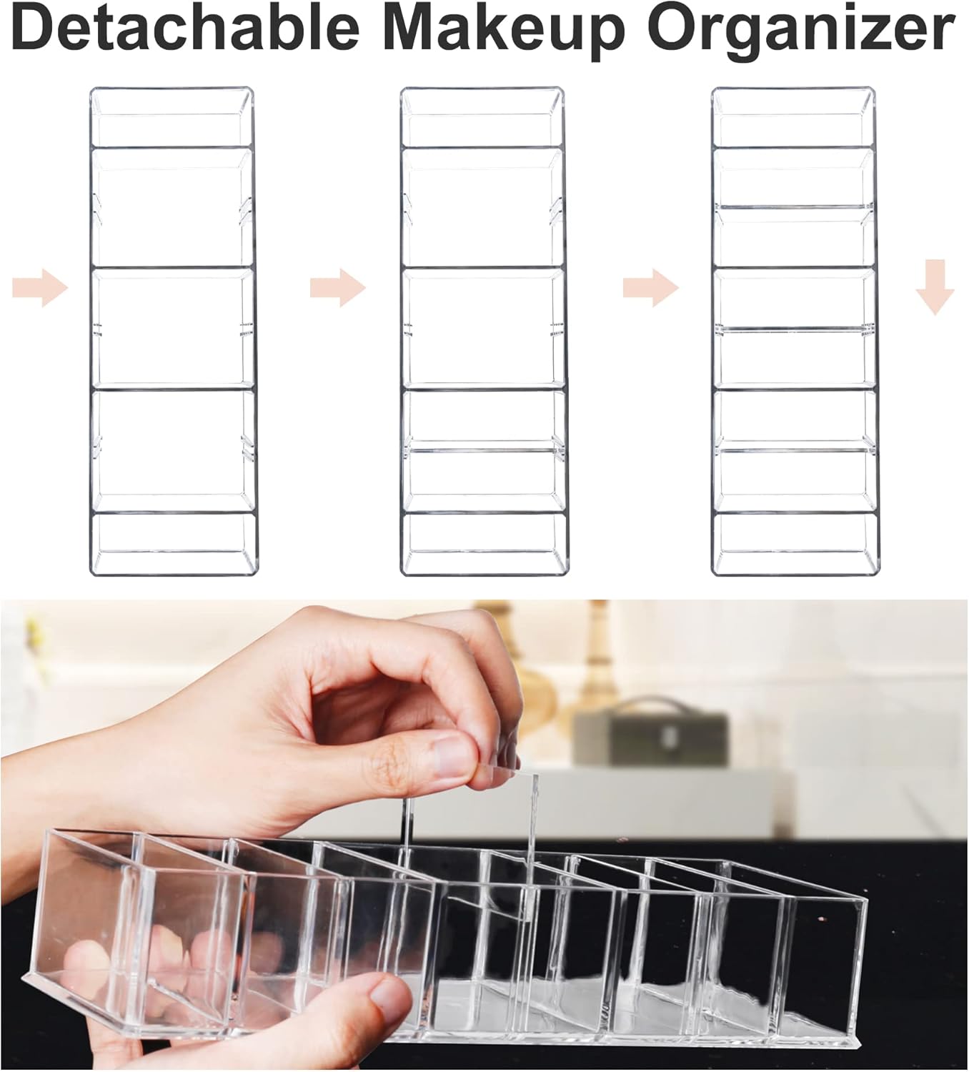 Private Label Detachable Makeup Organizer, 8 Compartments Acrylic Cosmetic Storage Jewelry Display Boxes, Clear Drawer Organizers Case for Dresser Vanity Bathroom Kitchen Custom Logo Service