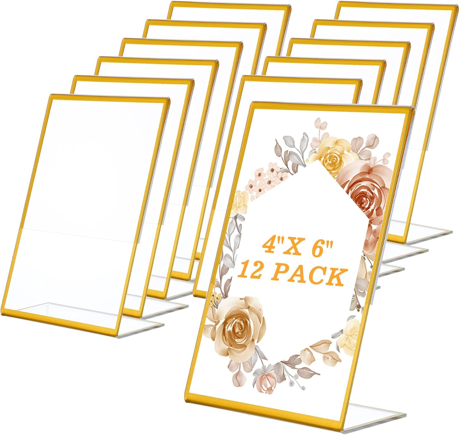 12 Pcs Acrylic Sign Holder Gold Frames Clear Wedding Table Number Frames Menu Holders Double Sided Table Display Stand Slanted Back Picture Frame for Wedding (4 x 6 Inch)