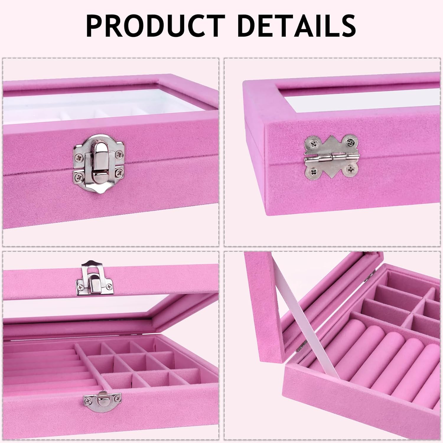 Direct Manufacturer habgp Velvet Jewelry Box Ring Holder for Women, Pink Earring Display Storage Showcase with Clear Lid, Rings Earrings Studs Holder Organizer Box Tray Case for Her Girls Mom Wife Women Low MOQ