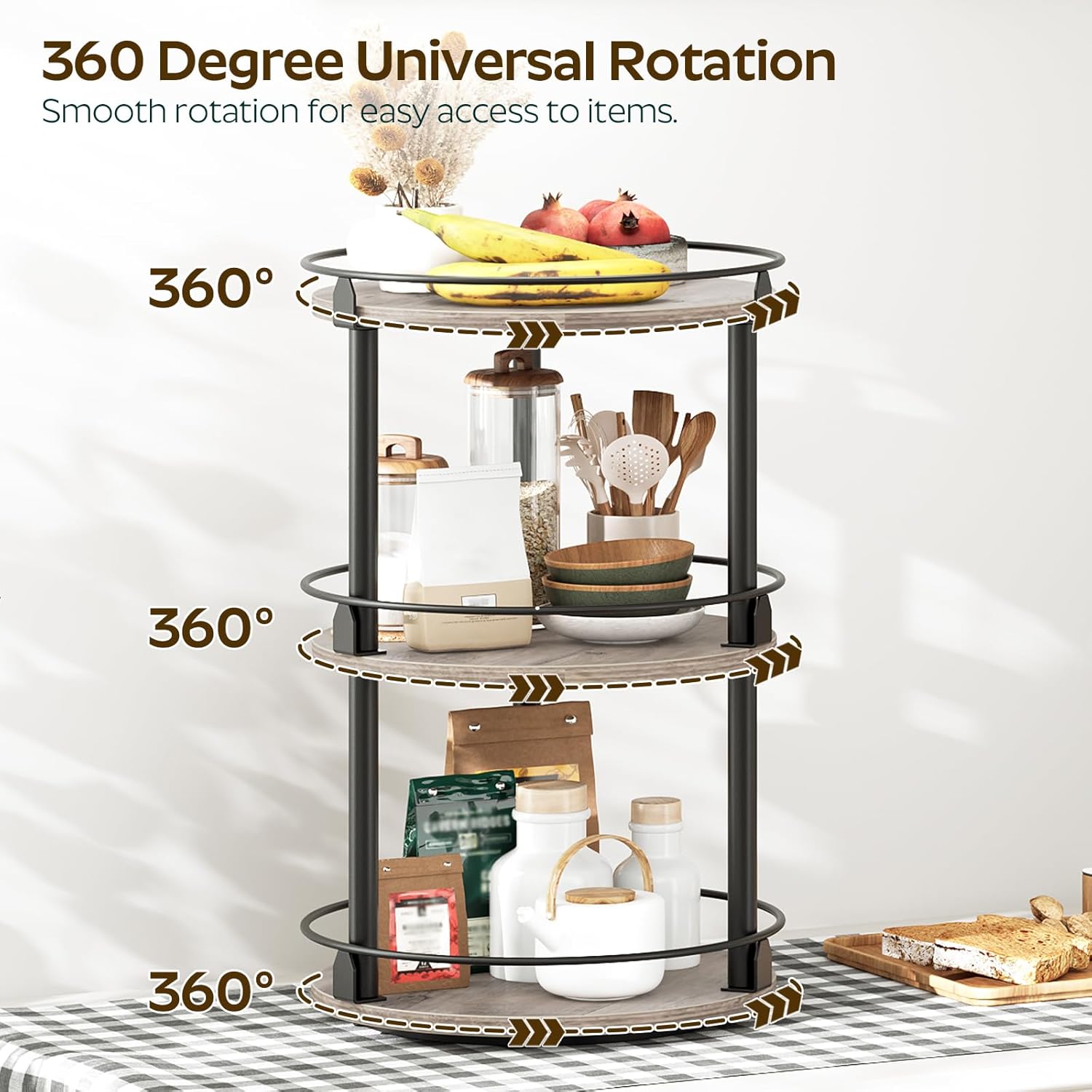 Private Label 3-Tier Lazy Susan Organizer, Rotating Spice Rack, Spinning Organizer, Industrial Turntable Spice Rack Organizer for Cabinet, Kitchen Countertop, Greige and Black SR23BG Dropshipping Friendly