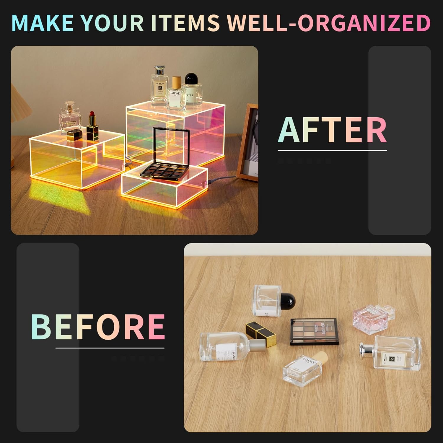 Private Label 3Pcs Iridescent Acrylic Display Risers with LED light, Acrylic Cube Box Rainbow Display Stand with Hollow Bottoms for Figures Dessert Jewelry Perfume Handbag Ecommerce Ready Product