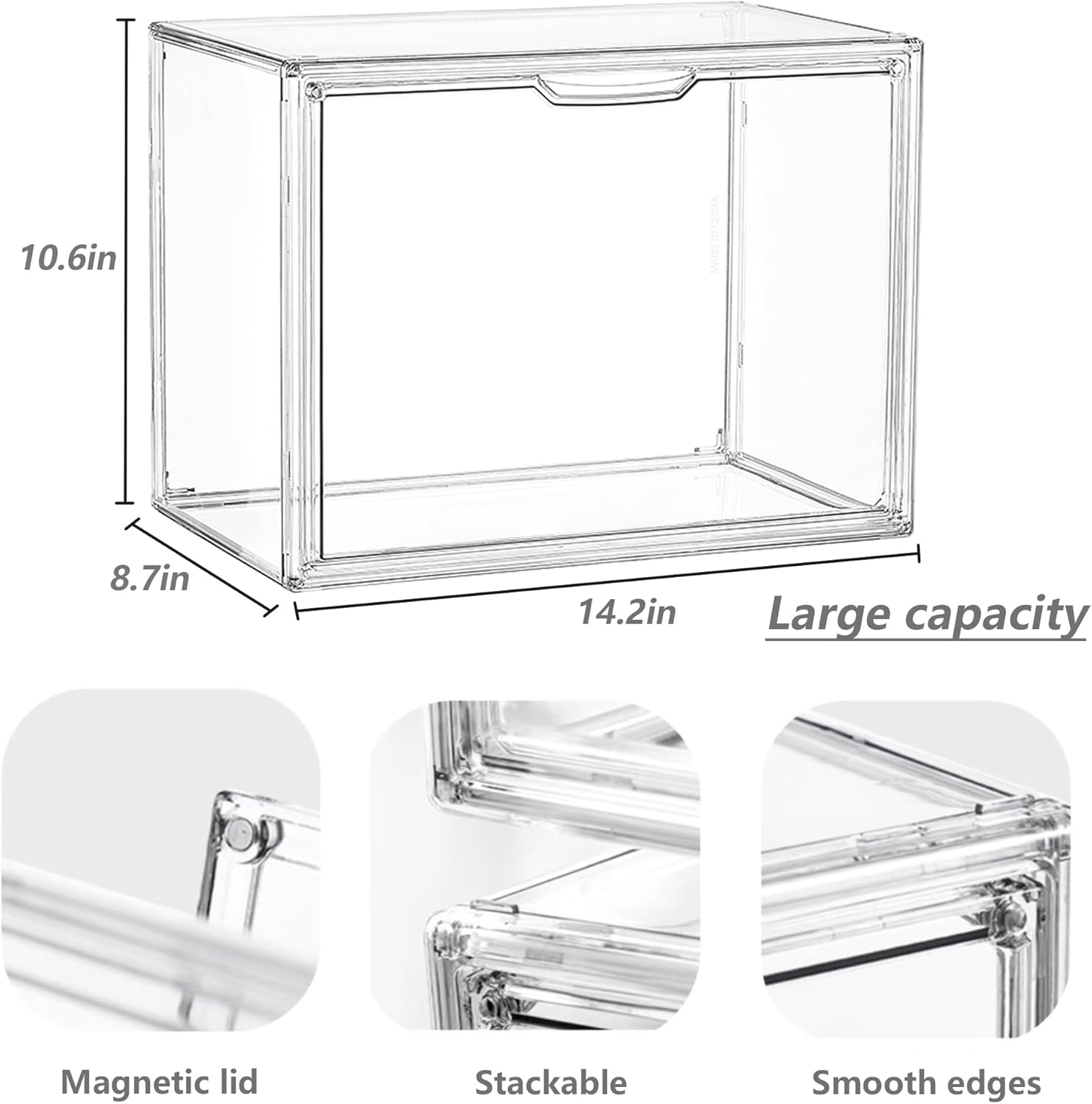 Private Label Clear Acrylic Display Case, Stackable Plastic Storage Bins with Magnetic Attraction Lid, Showcase for Cosmetic, Large Figures Collectibles, X-Large Custom Mold Development