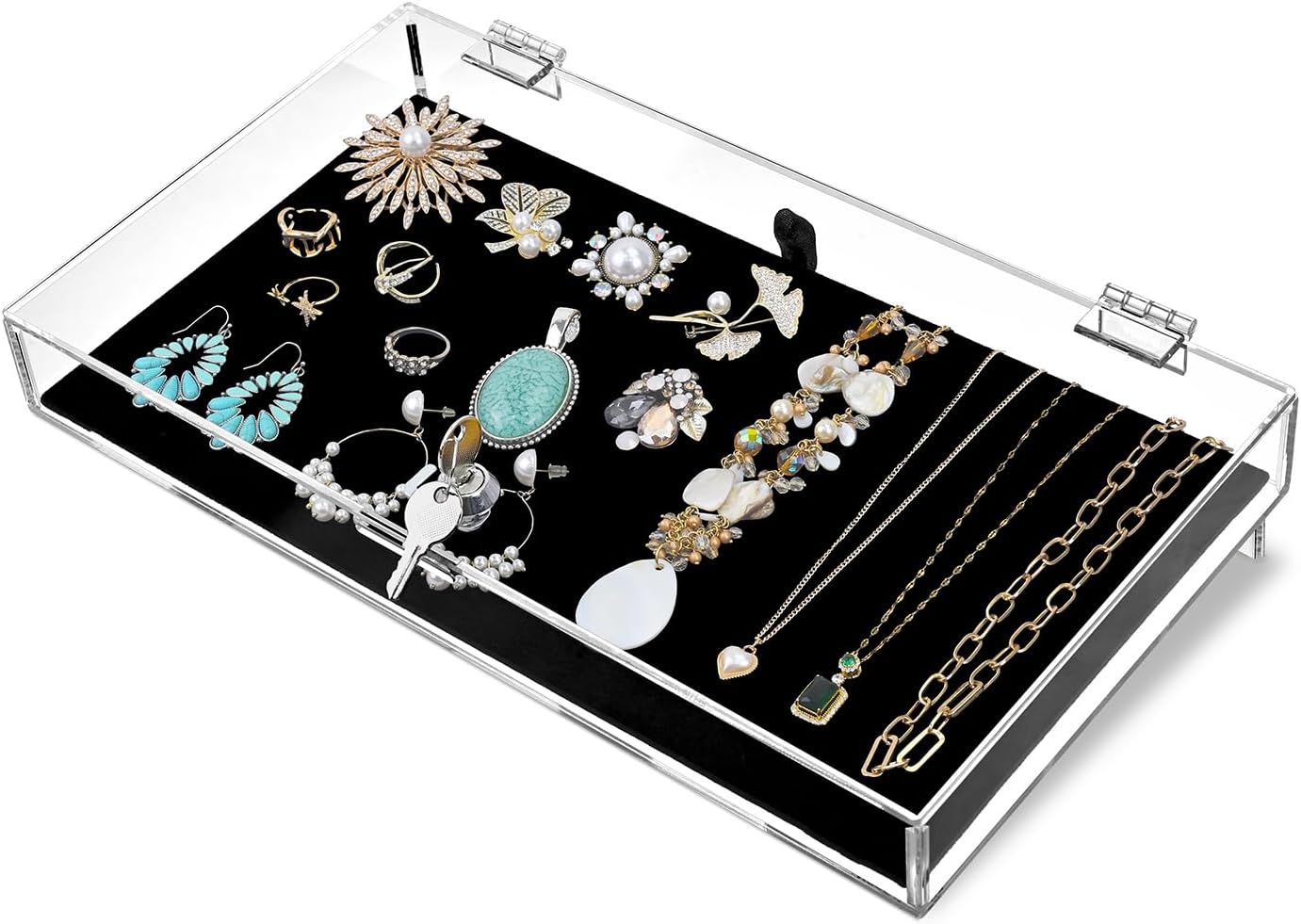 MOOCA Acrylic Rectangular Marketing Holder Locking Security Showcase Safe Box Display Tray, Perfect for Watches Jewelry, Knives, Eyewear with a Key and a Black Padding
