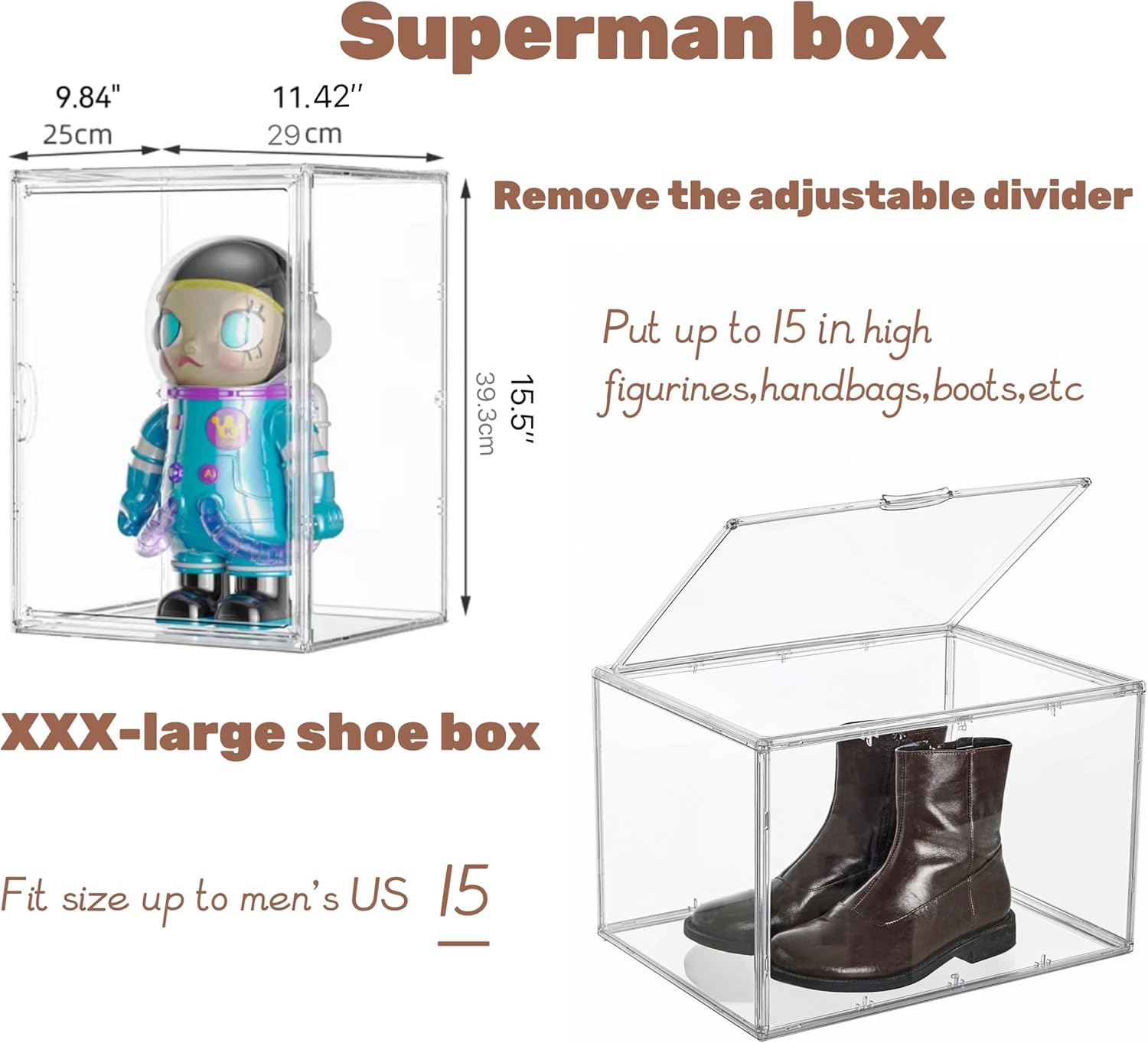 Wholesale OEM ODM Attelite XXX-Large Clear Display Case Stackable Plastic Storage Bins with Lid, 2 Tiers Boot Shoe Box Organizers with an Adjustable Divider, Big Acrylic Display Storage Box with Magnetic Door Factory & Supplier
