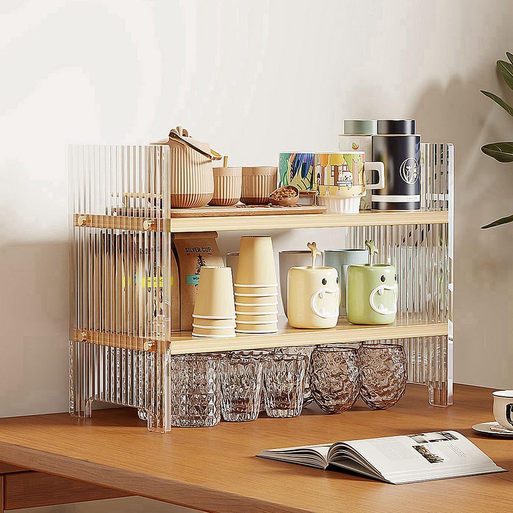 Private Label FOTN 2-tier Kitchen countertop spice rack Cup shelf organizer, household Cupboard Cabinet coffee cup mug cup storage rack, simplev desktop acrylic and wood small bookshelf bookcase (2-tier) Dropshipping Friendly