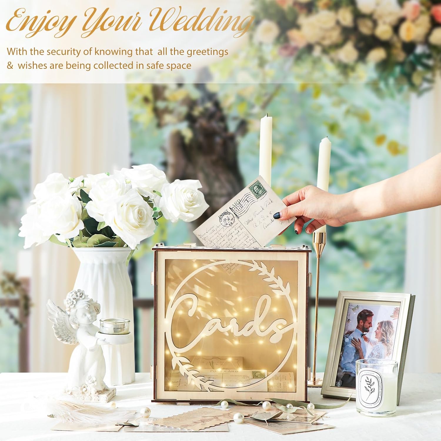 Private Label OurWarm Wedding Card Box for Wedding Reception, Wooden Wedding Card Boxes with a LED Lights, Gift Card Box Money Honeymoon Fund Box for Baby Shower Birthday Graduation Party Rustic Wedding Decorations Ecommerce Ready Product