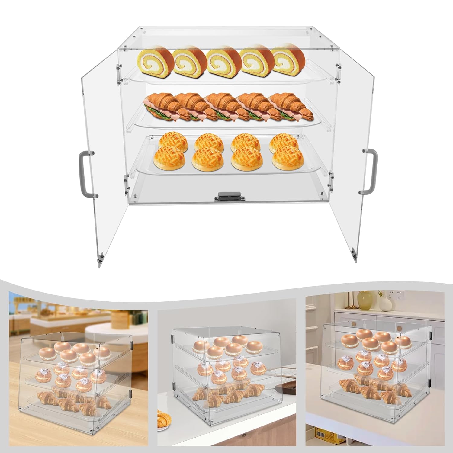 Wholesale OEM ODM 3 Tray Bakery Display Case, Acrylic Pastry Display Case Countertop with Magnetic Lock Door for Bakery Cookie Cupcake Display, 21.3 x 17.3 x 16.5 Inch Factory & Supplier