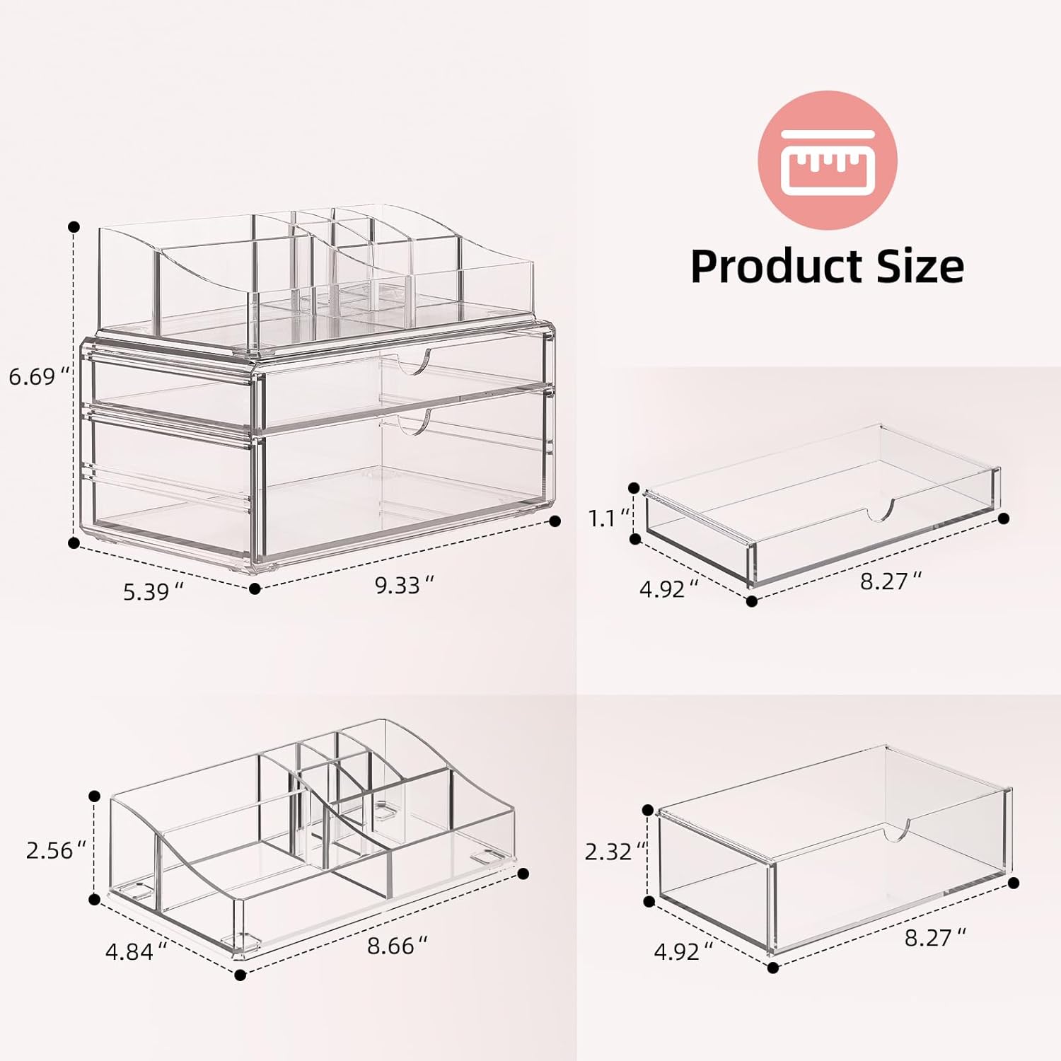 Private Label Delamu 3-Tier Clear Makeup Organizer with Drawer, Acrylic Cosmetic Display Case for Makeup Vanity Bathroom Counter Organizers and Storage, Stackable Vanity Organizer for Brushes Lipsticks Skincare Factory Direct Price