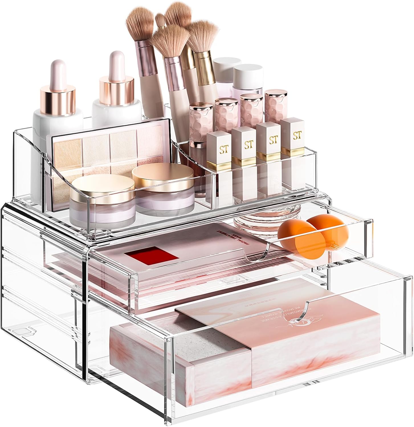 Private Label Delamu 3-Tier Clear Makeup Organizer with Drawer, Acrylic Cosmetic Display Case for Makeup Vanity Bathroom Counter Organizers and Storage, Stackable Vanity Organizer for Brushes Lipsticks Skincare Factory Direct Price
