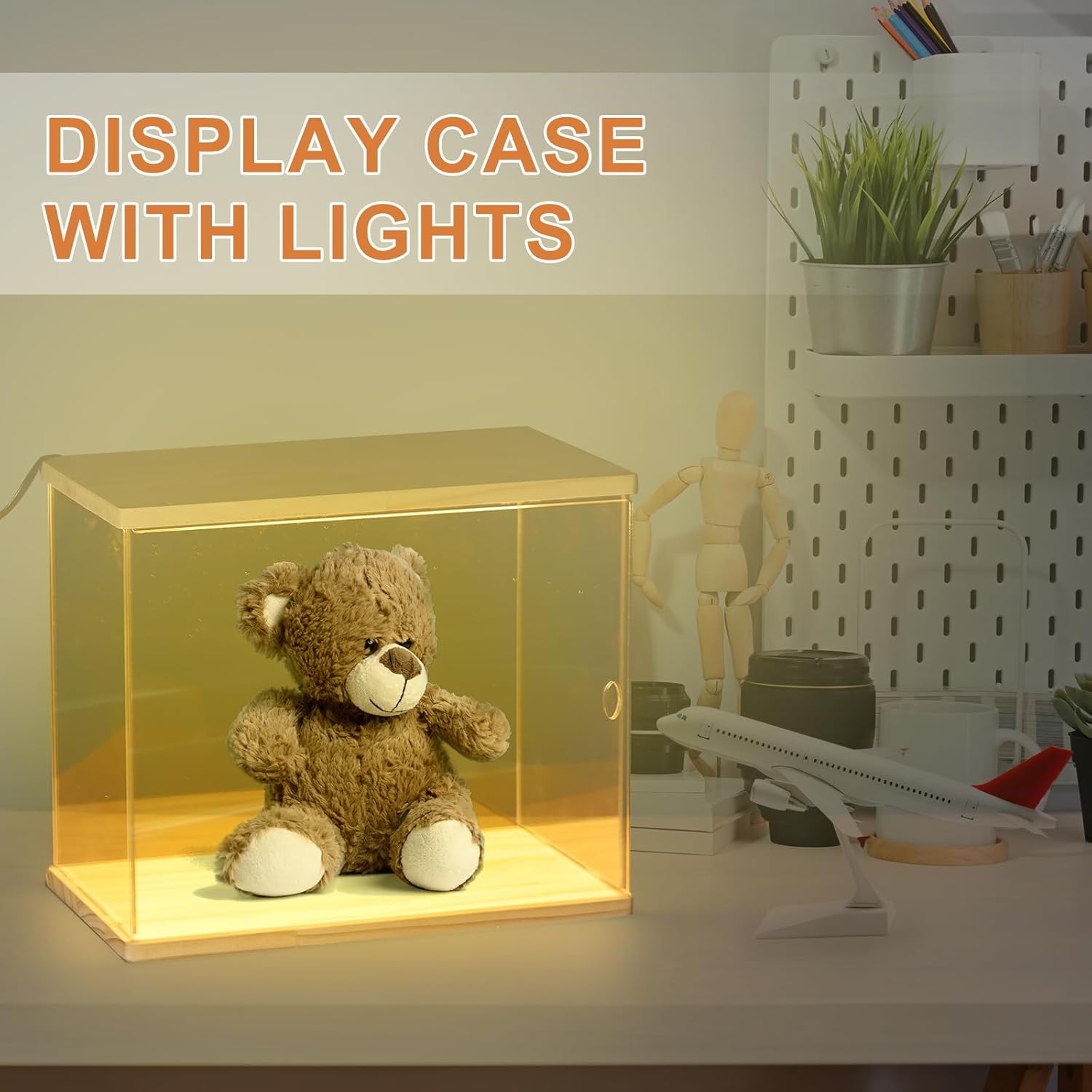 Private Label MECCANIXITY Clear Display Case, 2 Layer Acrylic Figure Display Case Clear Display Boxes for Collectibles, Figures Model Toys Home Storage(with Square LED Light, 13x5x9 Inch Wood Base) Ecommerce Ready Product