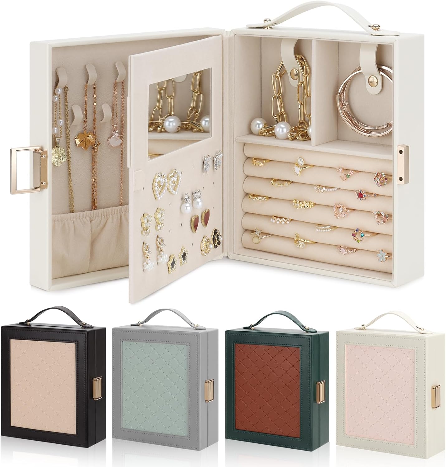 Direct Manufacturer DesignSter Jewelry Box Organizer, Portable Jewelry Storage Box with Mirror, Travel Jewelry Case with Handle for Rings Earrings Bracelets Necklaces(Beige & Pink) Low MOQ