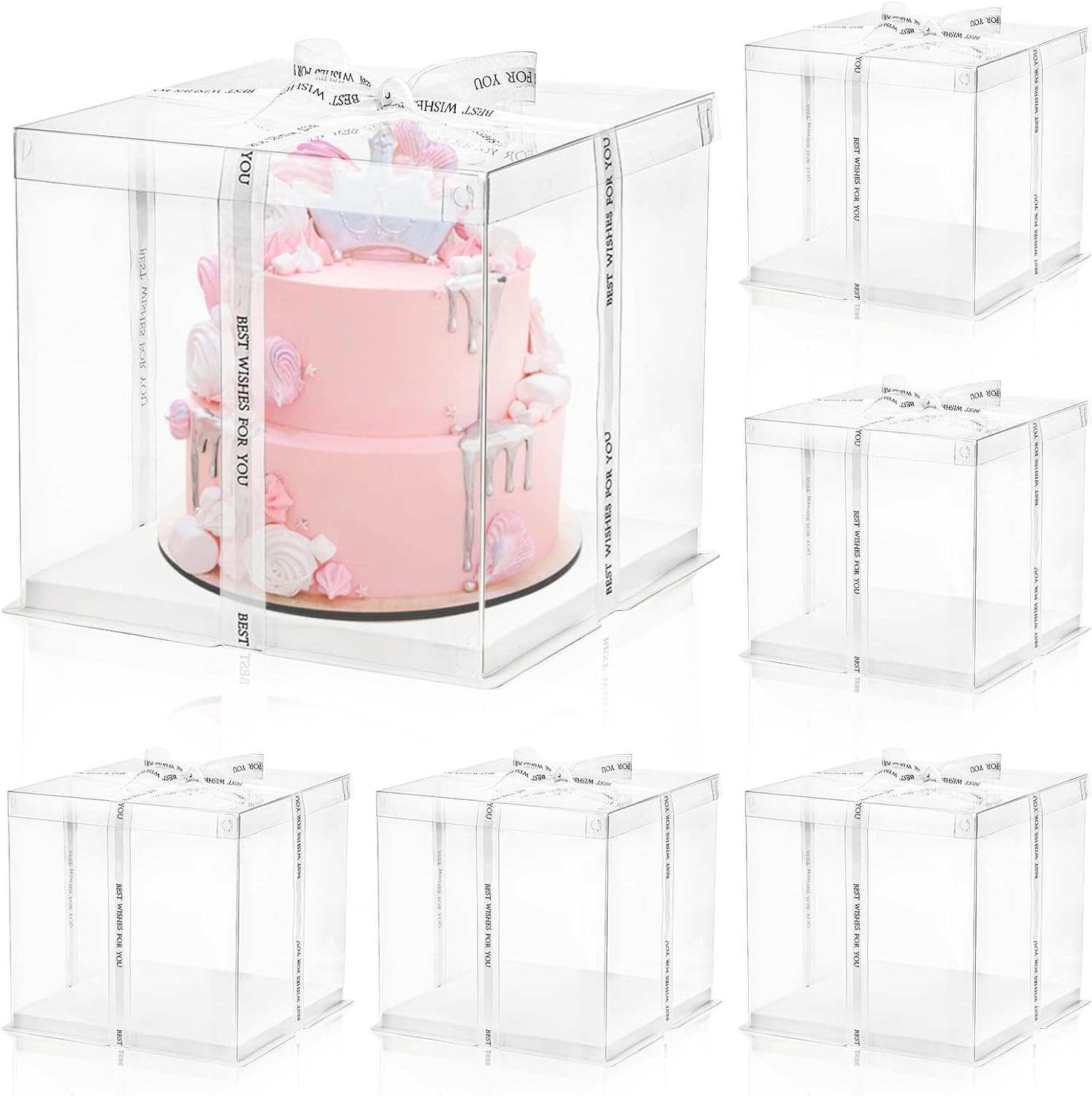 6 Pcs Clear Cake Box with Ribbon 2-Layer 10x10x10 Inch, Transparent Cake Carrier Box with Lids, PET Tall Cake Packaging Boxes, Clear Gift Boxes for Birthday, Wedding and Festival Party