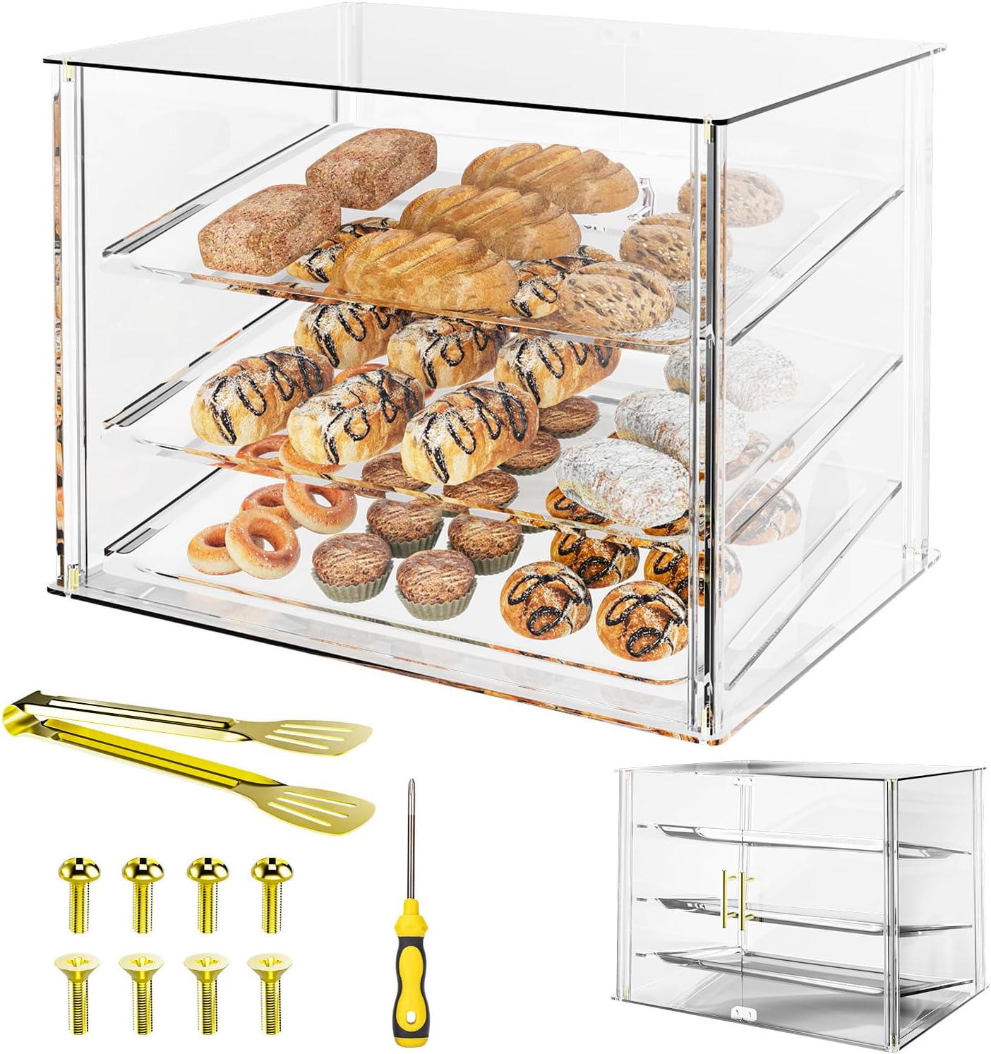 3-Tier Commercial Bakery Display Case with Removable Shelves & Magnetic Doors – Clear Acrylic Countertop Dessert Display Cabinet for Donuts, Cakes, Pastries
