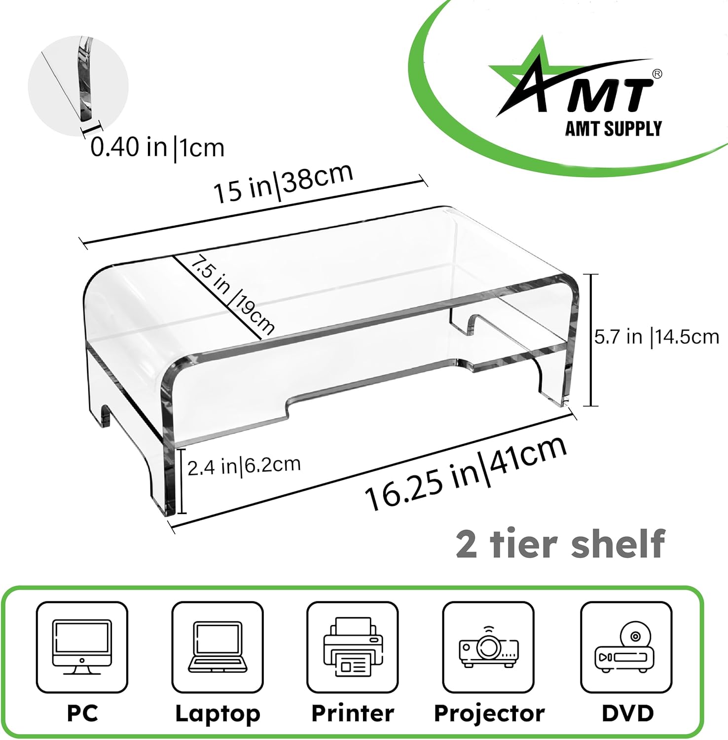 Private Label AMT Clear Acrylic Monitor Stand Riser 2 Tier, 5.5 Inches High Clear Computer Desk Organizer Shelf for Multi Media PC Storage Laptop OEM Wholesale Manufacturer