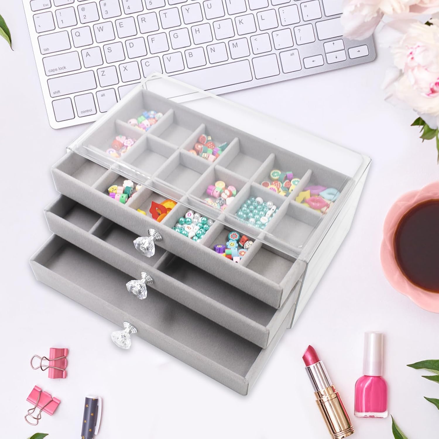 Direct Manufacturer Jewelry Box with 3 Drawers, Acrylic Earring Holder Organizer with Flannel Trays, Clear Jewelry Organizer for Women Girls, Display Holder for Earrings Ring Bracelet Necklace, Gray, 3 Layers Low MOQ