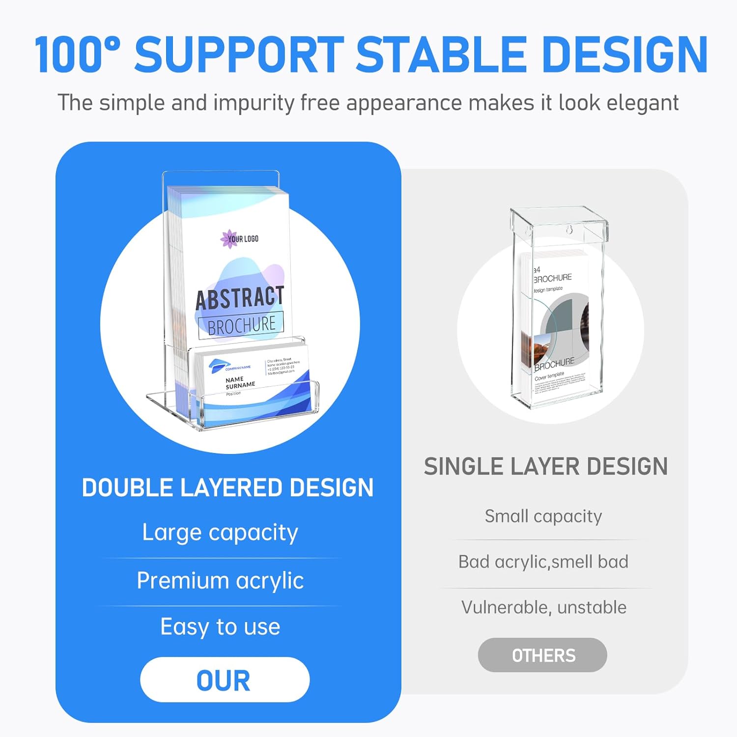 Wholesale Acrylic Brochure Holder Stand, 2 Pack 4.3‘’ x 7.6‘’ Clear Brochure Stand with with Business Card Holder Plastic Flyer Display Stand for Magazine Pamphlet Booklets Menu Journals Business Card Trifold China Factory Bulk Supply