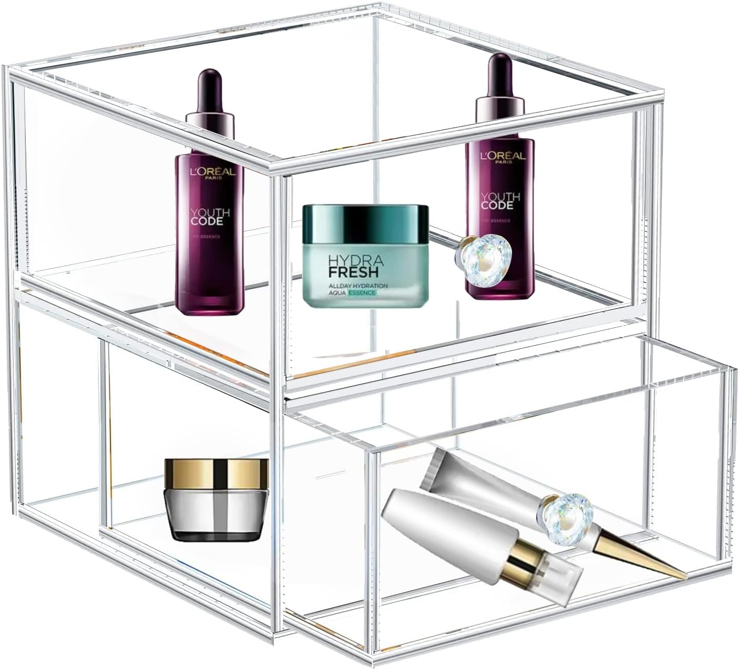 Acrylic Jewelry Box Clear Jewellery Storage Drawer Transparent Cosmetic Display Stand Holder Home Organizer Tray for Earring Necklace Rings Bracelet Makeup (2 drawer)