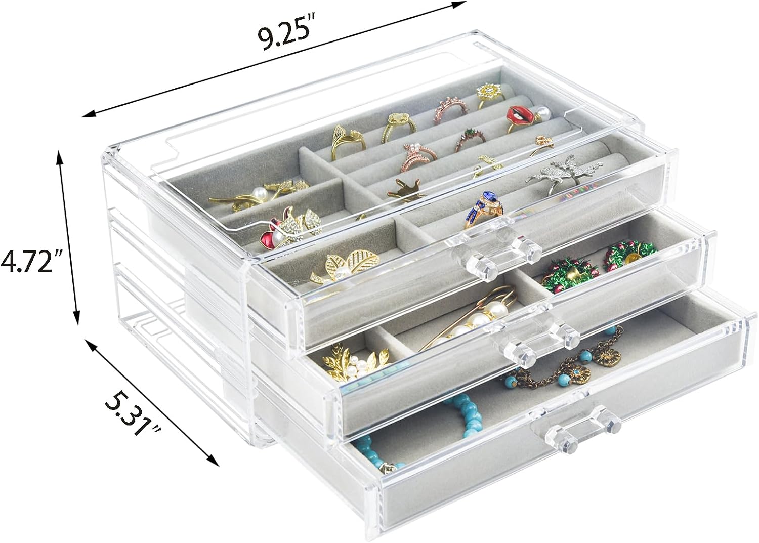 Direct Manufacturer Acrylic Jewelry Box 3 Drawers, Velvet Jewellery Organizer, Earring Rings Necklaces Bracelets Display Case Gift for Women, Girls Low MOQ