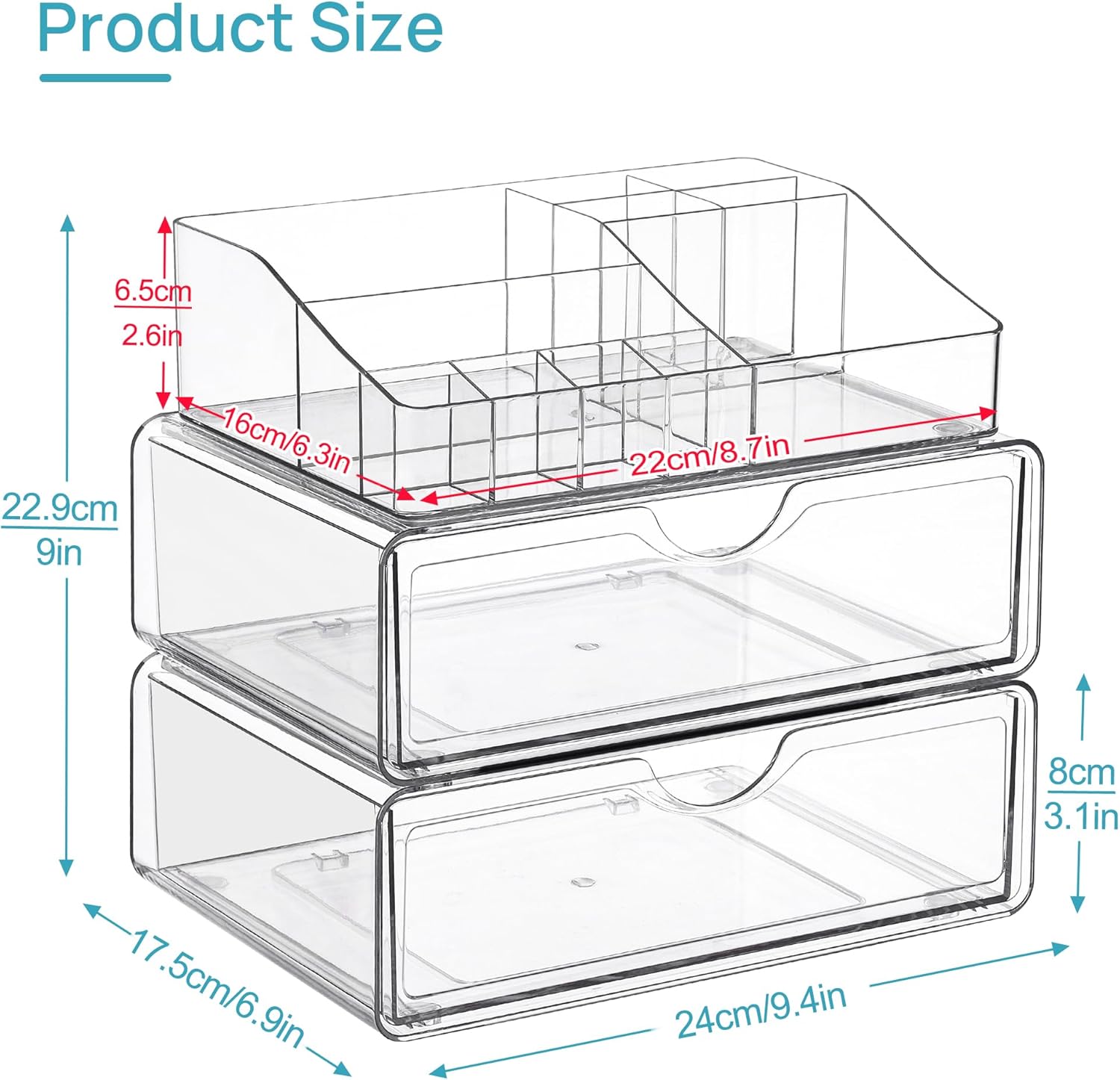 Private Label Vtopmart 3 Tier Clear Makeup Organizer with Drawer, Cosmetic Storage for Dresser Countertop and Bathroom Vanity, Beauty Holder for Lipstick Brush Skincare Factory Direct Price