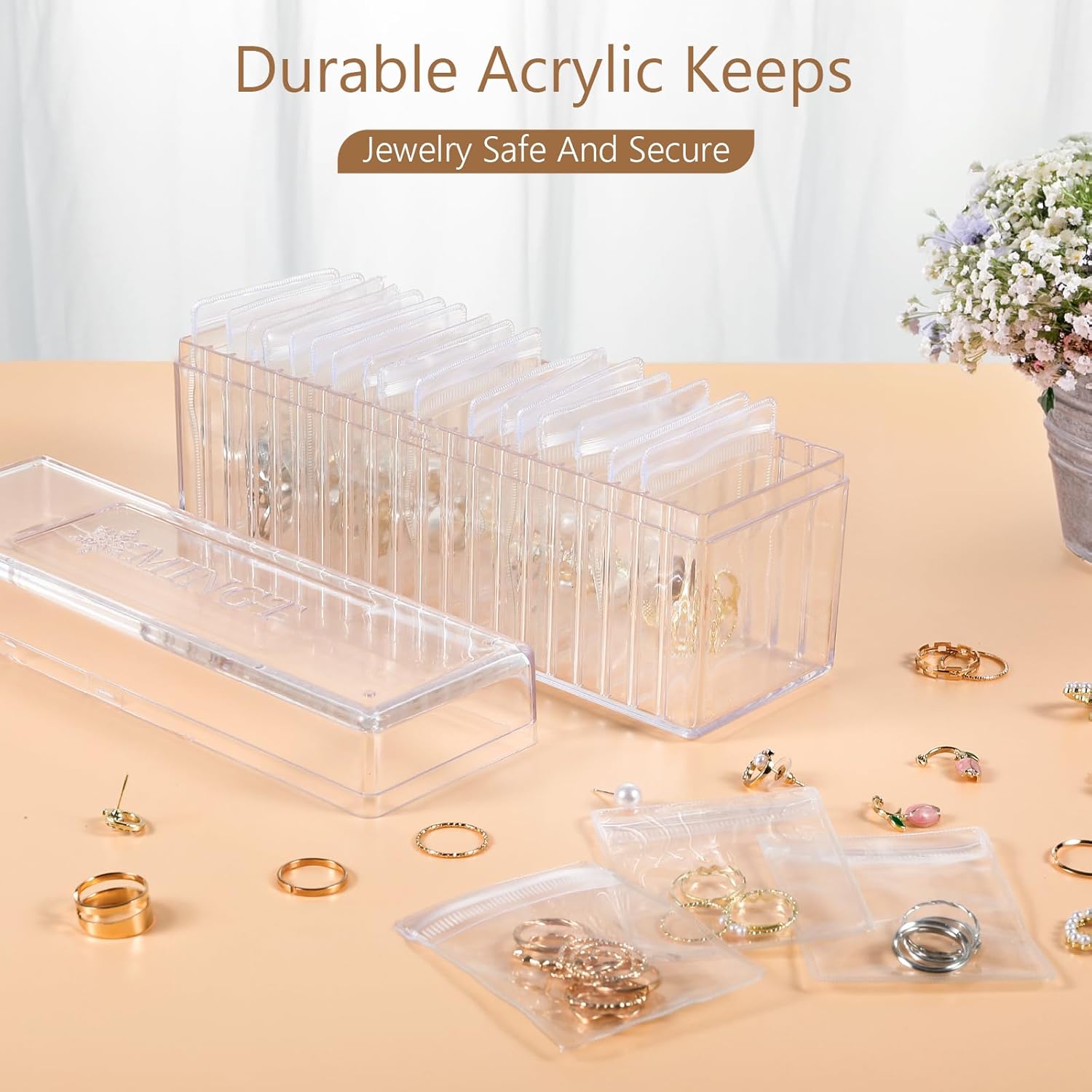 ODM Acrylic Jewelry Organizer, Clear Acrylic Jewelry Box Organizer With 20 Portable Anti Tarnish Jewelry Bags, Clear Earring Storage Organizer For Rings/Necklaces For Women Girls Custom Mold Development