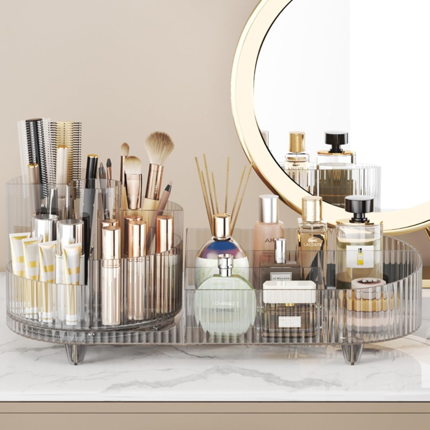 Private Label Rotating makeup organizer,Large Capacity Cosmetic Display Case, easy to hold all of your makeup products, at least 20 makeup brushes/eyeliner,10 lipsticks,8 skincare products(Crystal Clear) Factory Direct Price