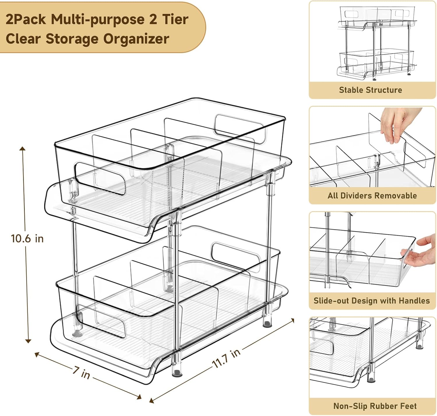 Private Label HIHEGD 2-Tier Bathroom Organizer with Dividers, Clear Under Sink and Pull-Out Cabinet Organizer for Kitchen and Pantry Storage Factory Direct Price