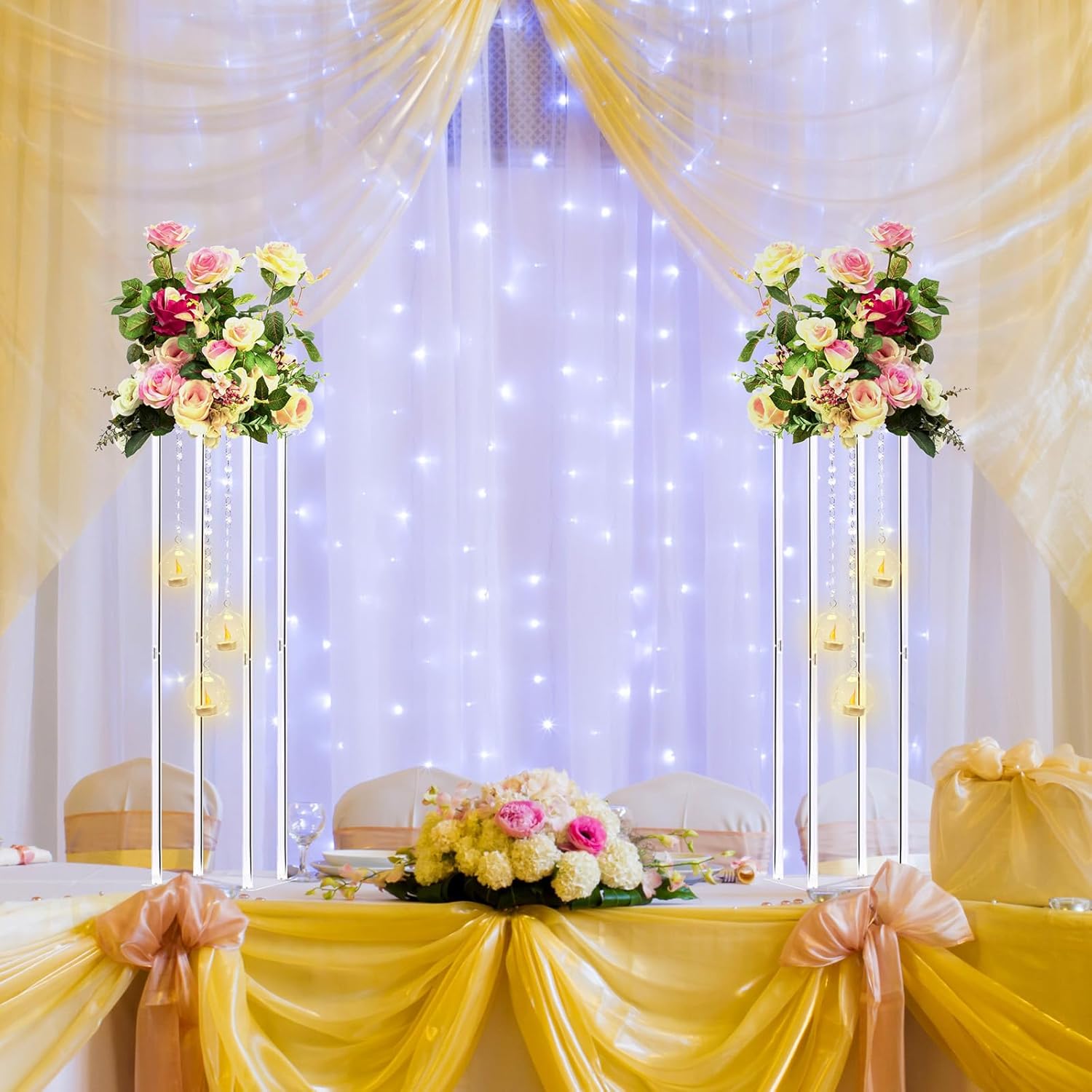 Private Label Clear Acrylic Vases Flower Stand Wedding Centerpieces with Hanging Glass Tealight Globe Candle Holders for Event Party Table Decoration Display Rack Column (2, 32 inch) OEM Wholesale Manufacturer