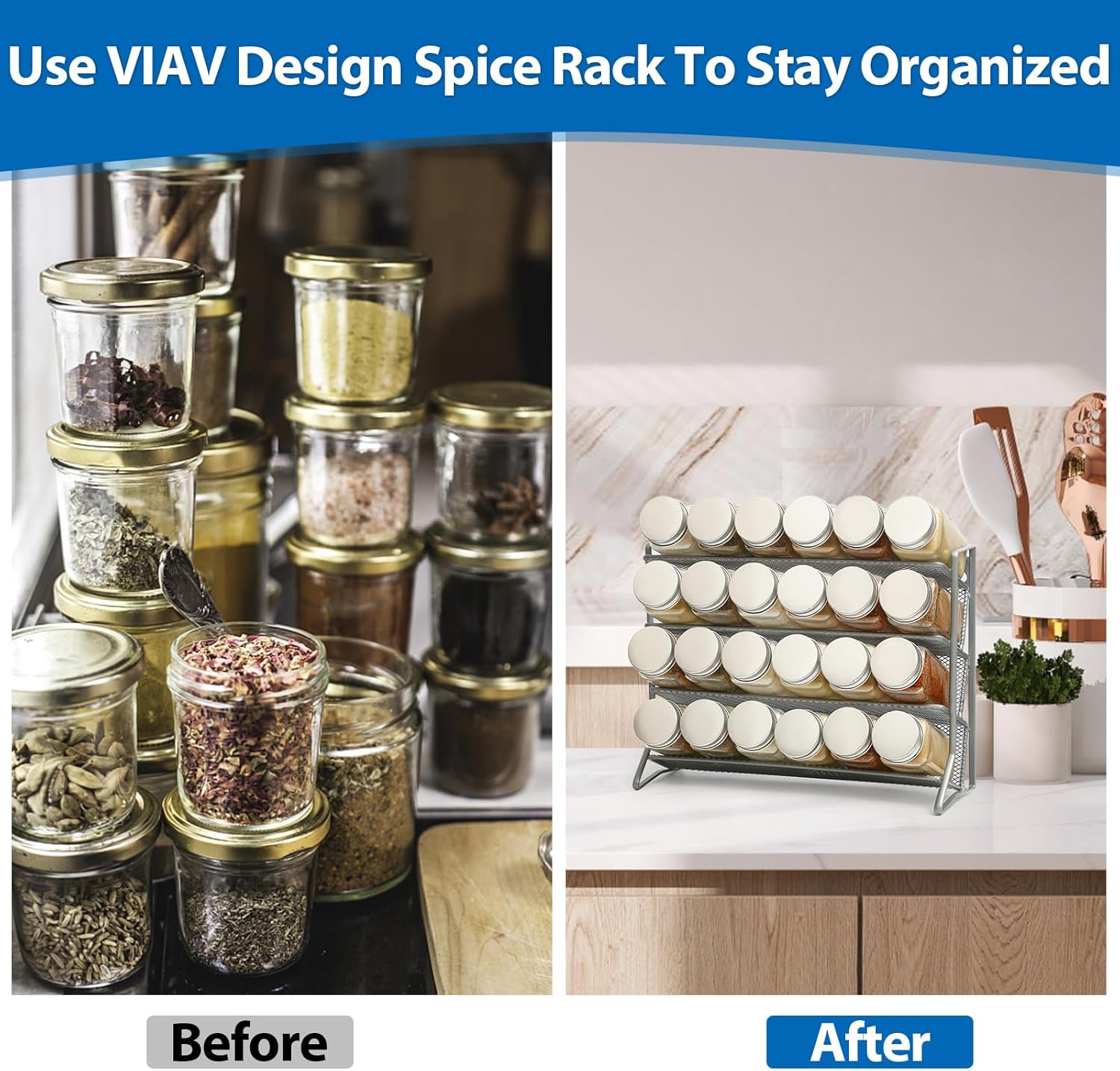 Private Label 2PCS 4Tier Spice Rack for Counter Free Standing,Spice Rack for Inside Cupboard Hanging Wall Mounted Spice Seasoning Organiser Spice Jars Bottle Organizer for Kitchen Pantry（Silver） Dropshipping Friendly