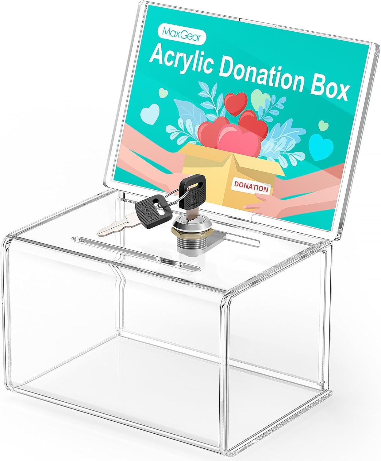 MaxGear Acrylic Donation Box with Lock and Sign Holder, Clear Ballot Box Donation Boxes for Fundraising (6.2" x 4.5" x 4") with Lock - Clear