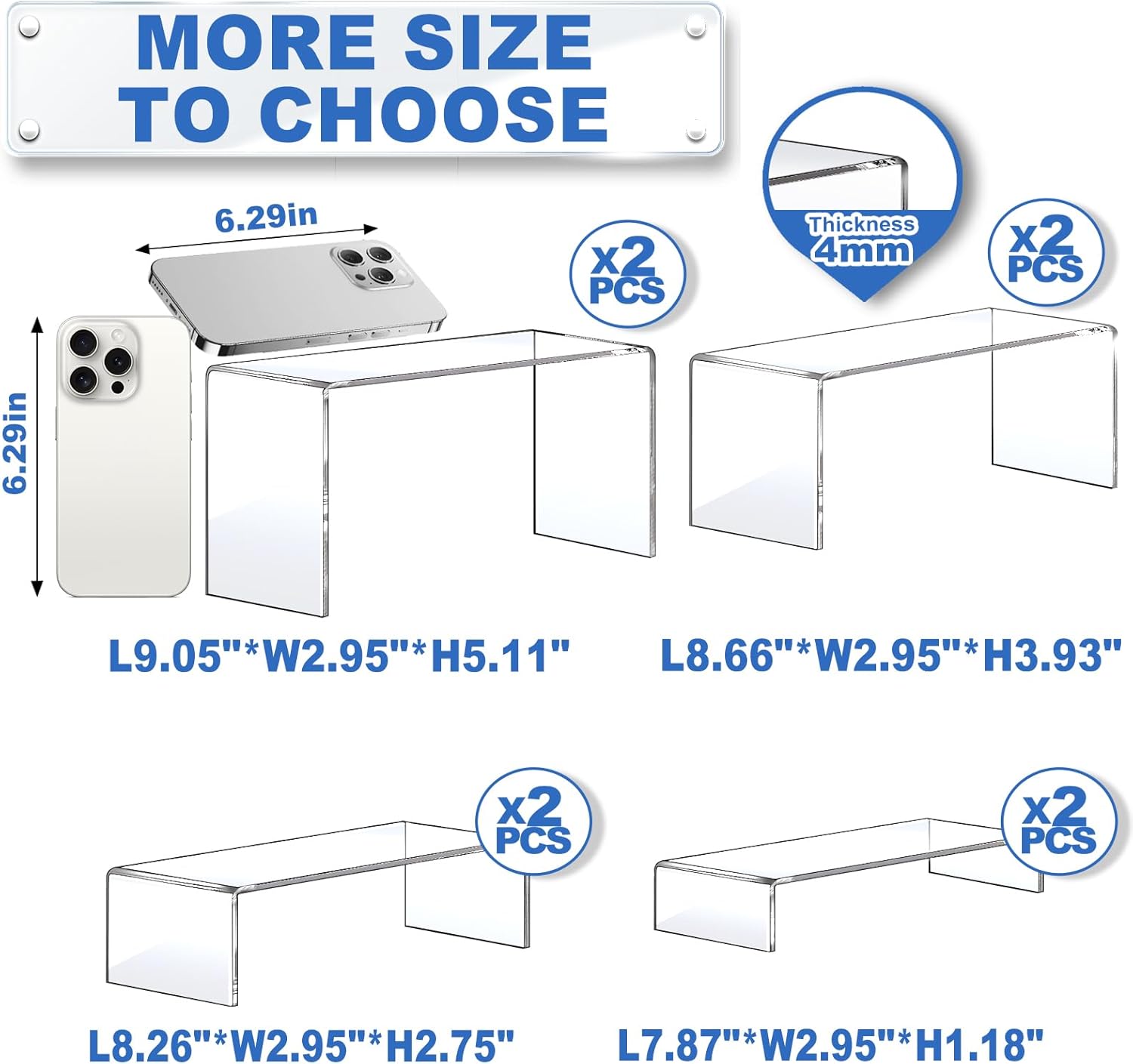 Private Label Aheroi Large Acrylic Risers, 8 Pcs 2 Set(7”L~8”L~9”L) Acrylic Display Set Rectangular Stands Shelf Clear Display Risers for Decor, Cake Shelves Retail Shoe Showcase OEM Wholesale Manufacturer
