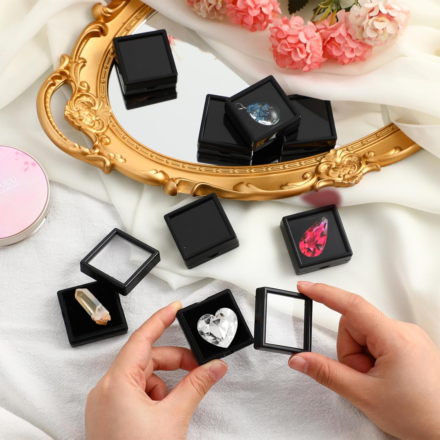 ODM Kigley 30 Pcs Gemstone Display Box Jewelry Box Container with Clear Top Lids Bulk 1.57'' x 0.6'' for Gems Diamond Coins Gift Packing Ring Home Shop (Black) Custom Mold Development