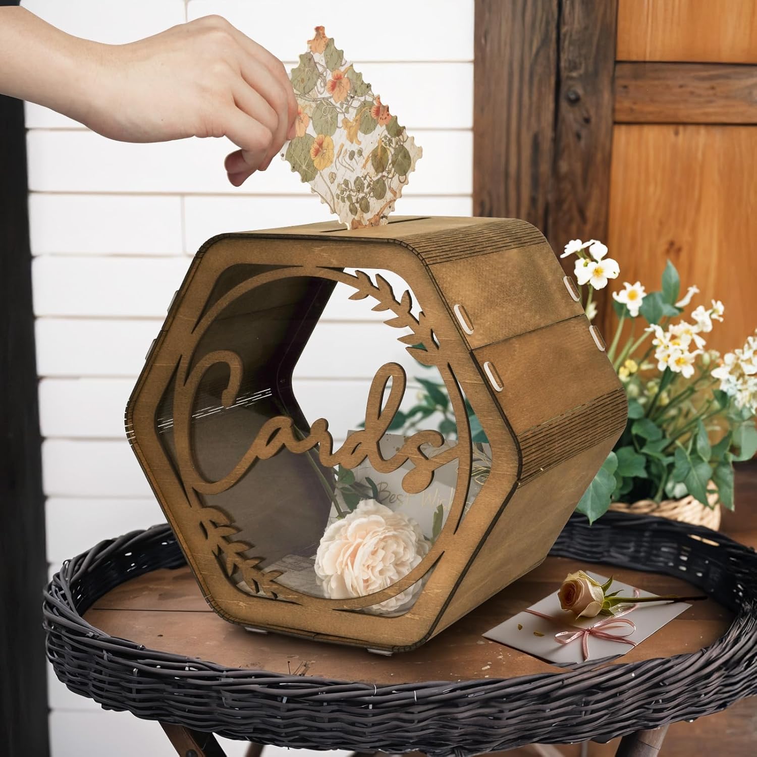 ODM OurWarm Wedding Card Box with Acrylic Window, Rustic Brown Hexagon Gift Card Box for Wedding Decorations for Reception, Wooden Money Keepsake Envelopes Box for Wedding Decor Birthday Baby Shower Party Custom Mold Development