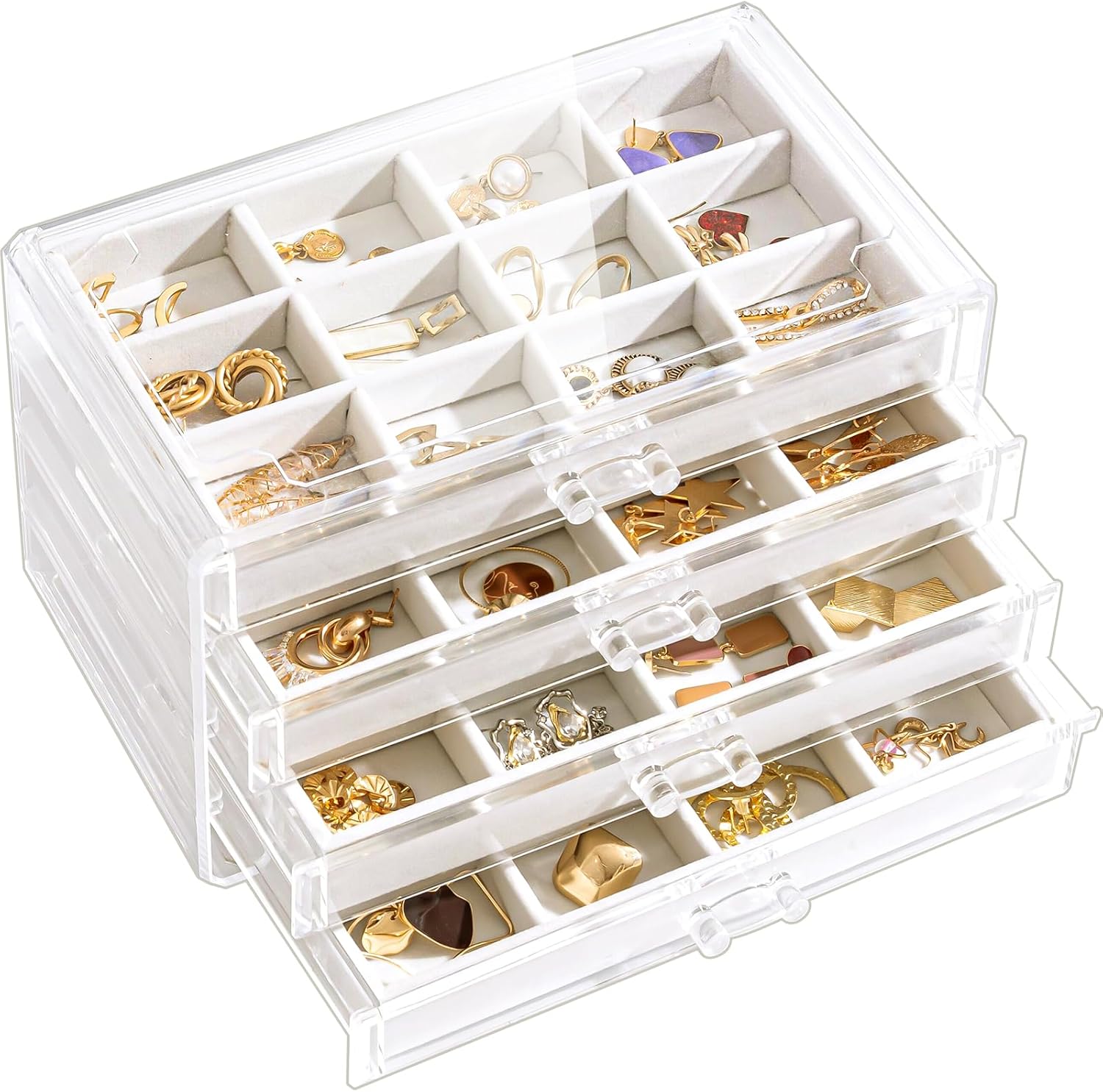 Lolalet Earring Holder Organizer Box Jewelry Storage with 4 Drawers, Clear Acrylic Stackable Earring Case with Adjustable Velvet Trays for Women on Dresser Vanity -Warmwhite, 4 Layers