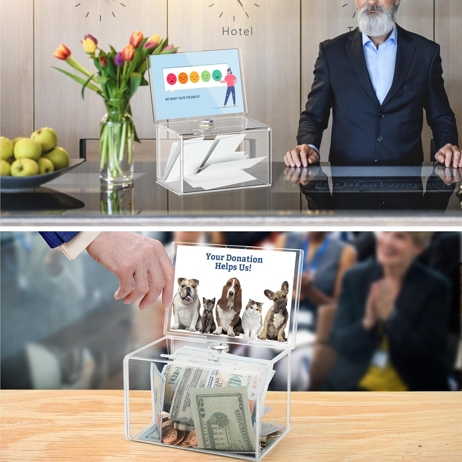 Private Label MaxGear Acrylic Donation Box with Lock and Sign Holder, Clear Ballot Box Donation Boxes for Fundraising (6.2" x 4.5" x 4") with Lock - Clear Custom Mold Development