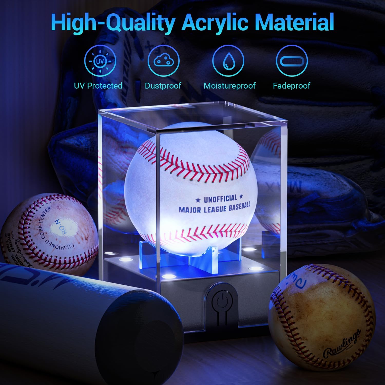 ODM Baseball Display Case with Led Light, Light up Baseball Case for Display, Acrylic Baseball Holder Display Case, UV Protected Clear Baseball Stand Baseball Cube for Memorabilia Baseball Gifts Custom Logo Service