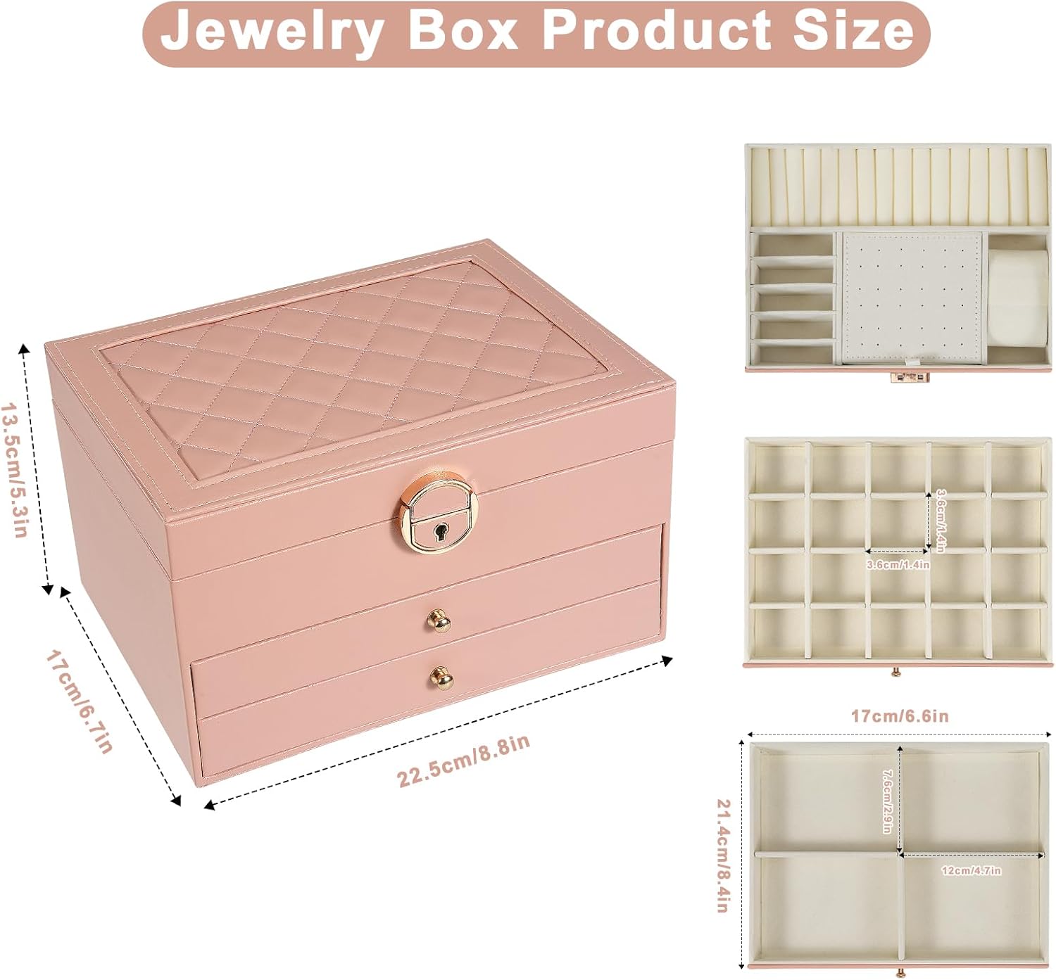 Direct Manufacturer 3-Layer Jewelry Box for Women, Jewelry Organizers and Storage with Removable Jewelry Tray, Vintage Quilted Top Lockable Jewelry Holder Gift Idea Pink Low MOQ