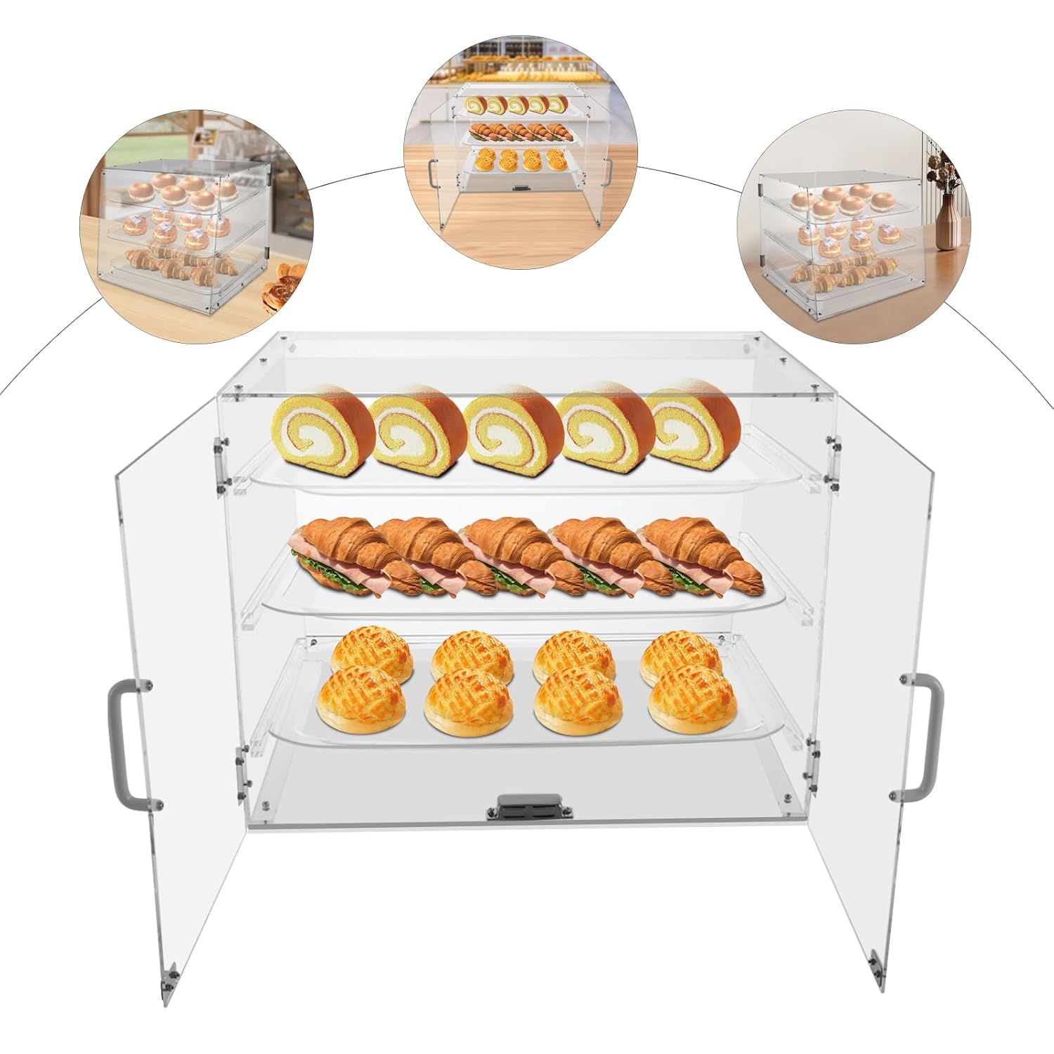 Wholesale OEM ODM 3 Tray Acrylic Display Case, Commercial Countertop Pastry Display Case, w/Rear Door Access & Removable Shelves, Magnetic Door Lock, Acrylic Display Box for Donut Bagels Cake Cookie Keep Fresh Factory & Supplier