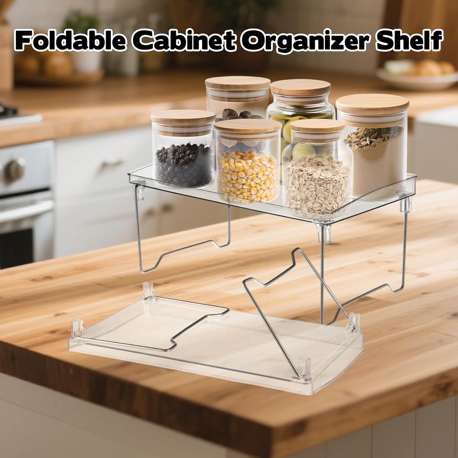 Private Label Rainmae 2 Pcs Spice Rack Organizer, Cabinet Organizer Shelf，Stackable Kitchen Counter Shelves, Countertop Organizers, Clear Plastic Storage Shelves Rack for Makeup Bathroom Desk Pantry Organization Dropshipping Friendly