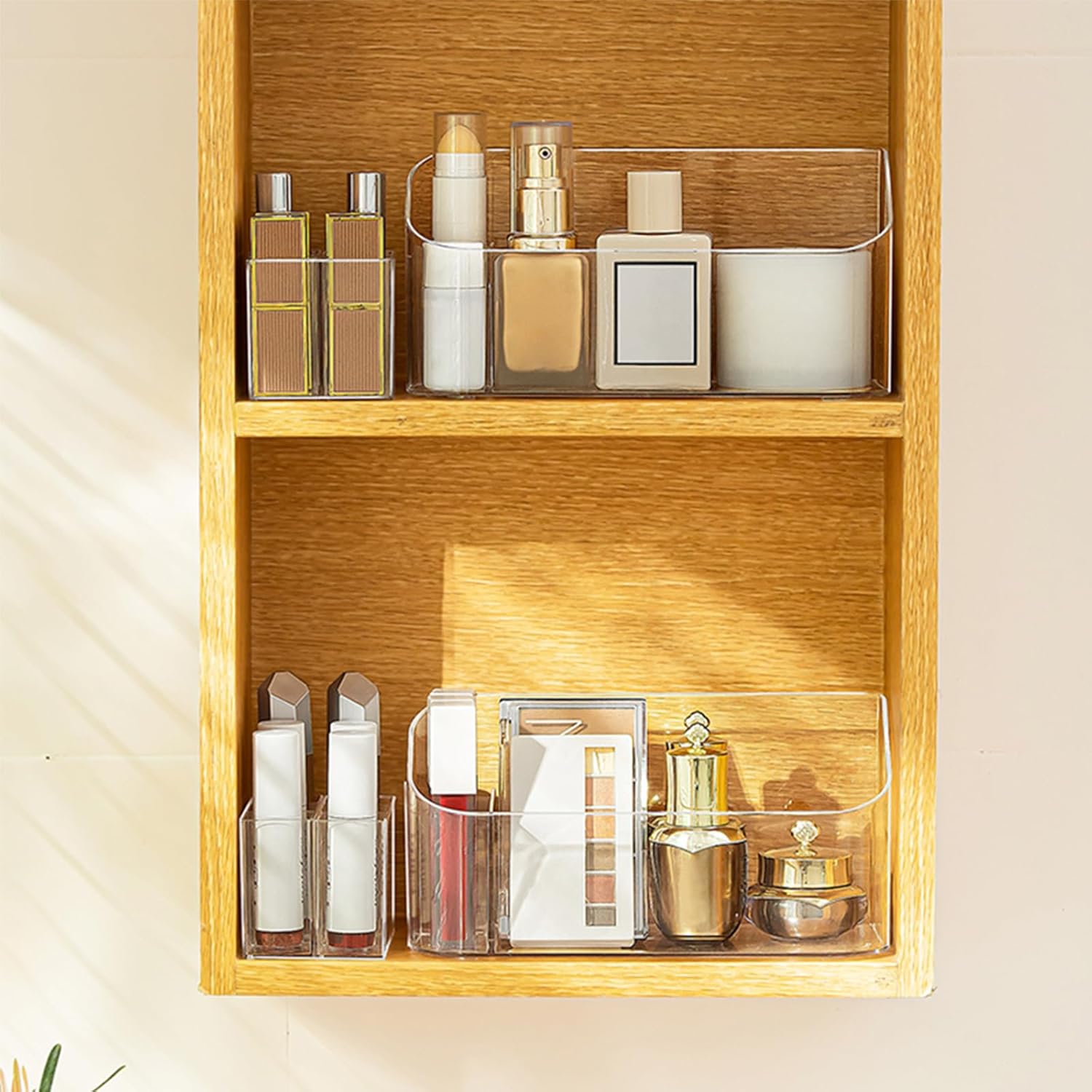 Private Label SUNFICON Makeup Tray Holder Organizer Cosmetic Display Case Tabletop Desktop Vanity Countertop Bathroom Wall Cabinet Medicine Storage Box 9 Dividers 2 Removable for Womens Ladies Girls Crystal Clear Custom Logo Service