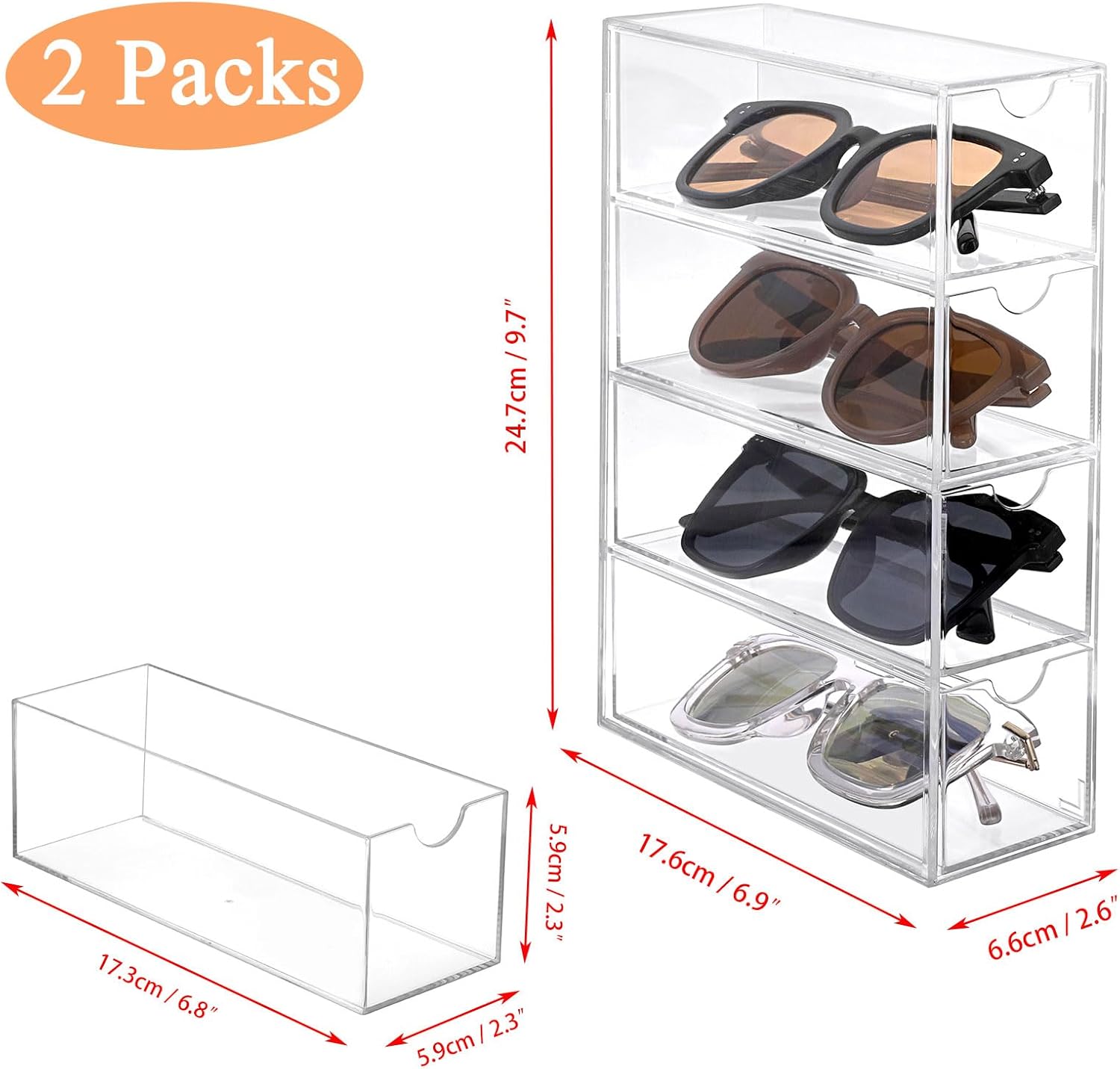 Private Label Hipiwe Acrylic Sunglasses Organizer, 2 Pack Glasses Case Multiple Pairs Eyeglass Storage Organizer Sunglass Display Case with 4 Drawer Acrylic Storage Drawers for Jewelry Watch Custom Logo Service