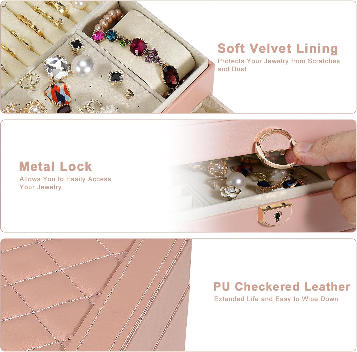 Direct Manufacturer 3-Layer Jewelry Box for Women, Jewelry Organizers and Storage with Removable Jewelry Tray, Vintage Quilted Top Lockable Jewelry Holder Gift Idea Pink Low MOQ
