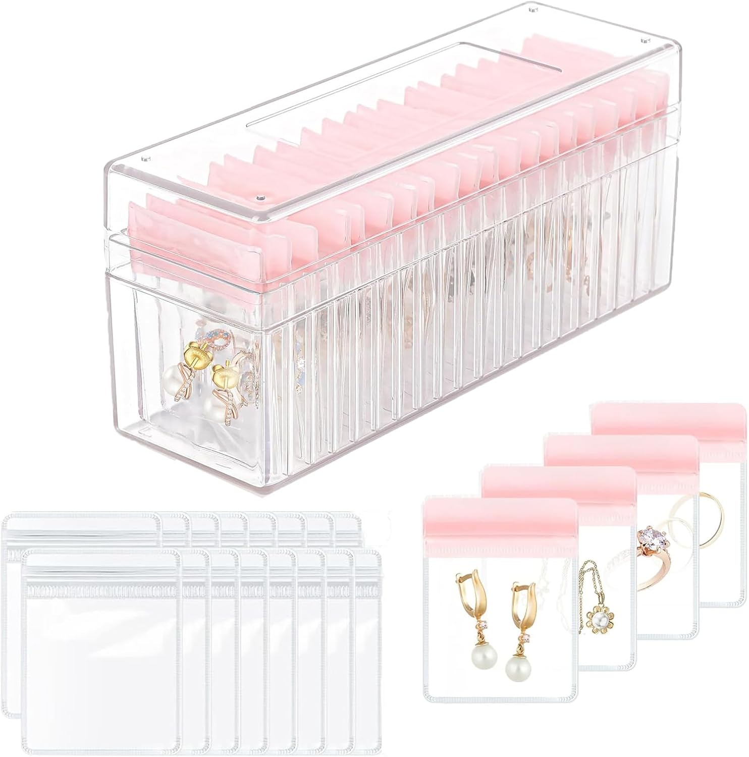Direct Manufacturer Acrylic Jewelry Box Organizer with 40 PVC Portable Anti Tarnish Jewelry bags Clear Jewelry Organizer,Travel Jewelry Case for Earrings Ring Necklace (Clear+Pink) Low MOQ