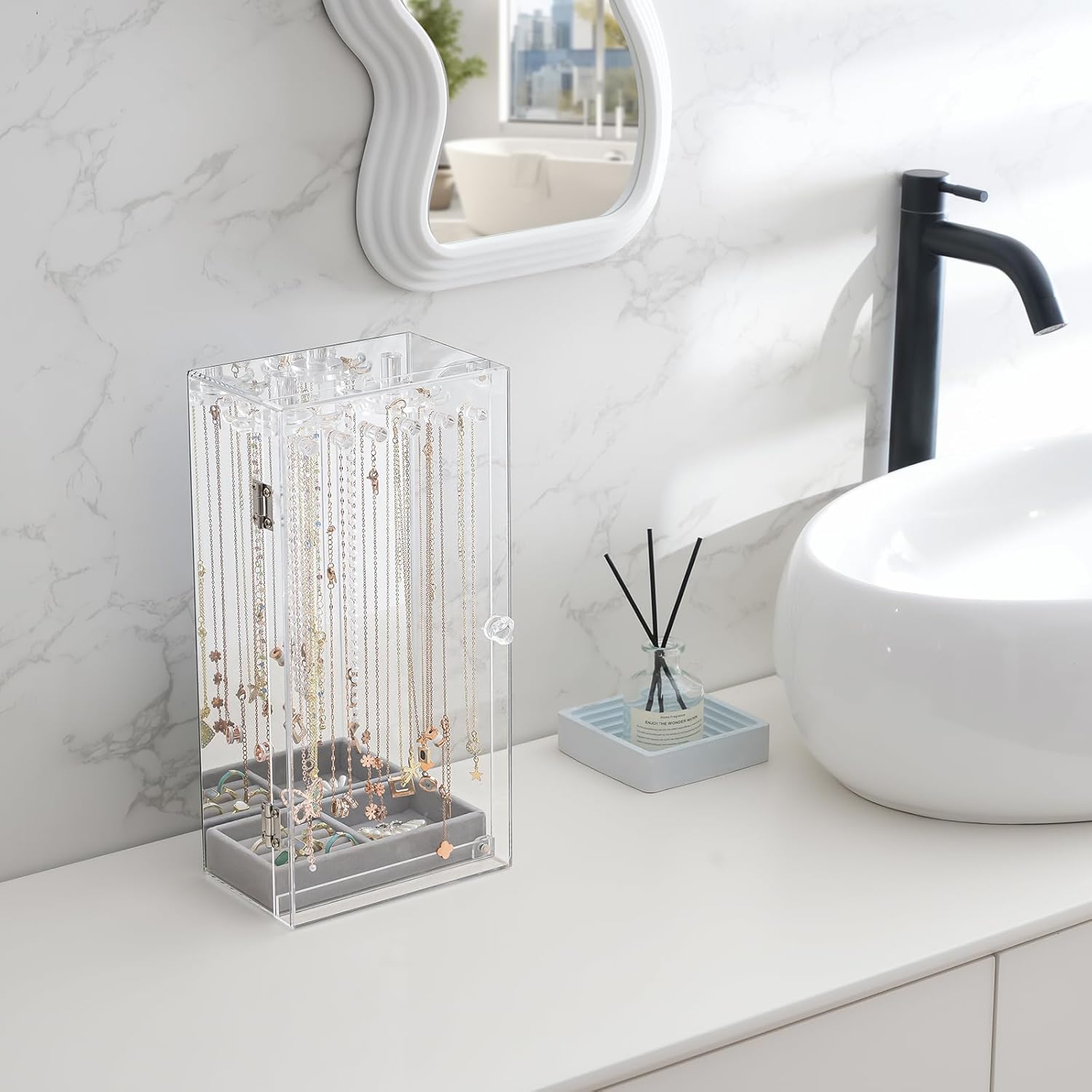 Direct Manufacturer Lolalet Necklace Holder Organizer, Acrylic Jewelry Organizer with 24 Hooks, Rotating Clear Necklaces Display Box with Built-in Mirror, Dust-proof Jewelry Storage Case with Velvet Tray -Clearmirror Low MOQ