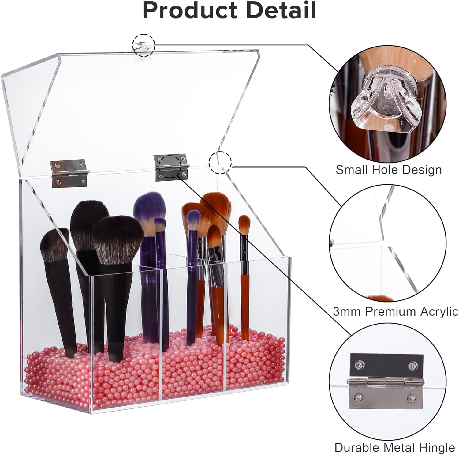 Private Label Acrylic Makeup Brush Holder with Lid - Clear Cosmetic Makeup Brush Organizer and Storage Box with Cover for Vanity - Large Capacity 3-Slots Container for Brushes (Clear) Custom Logo Service