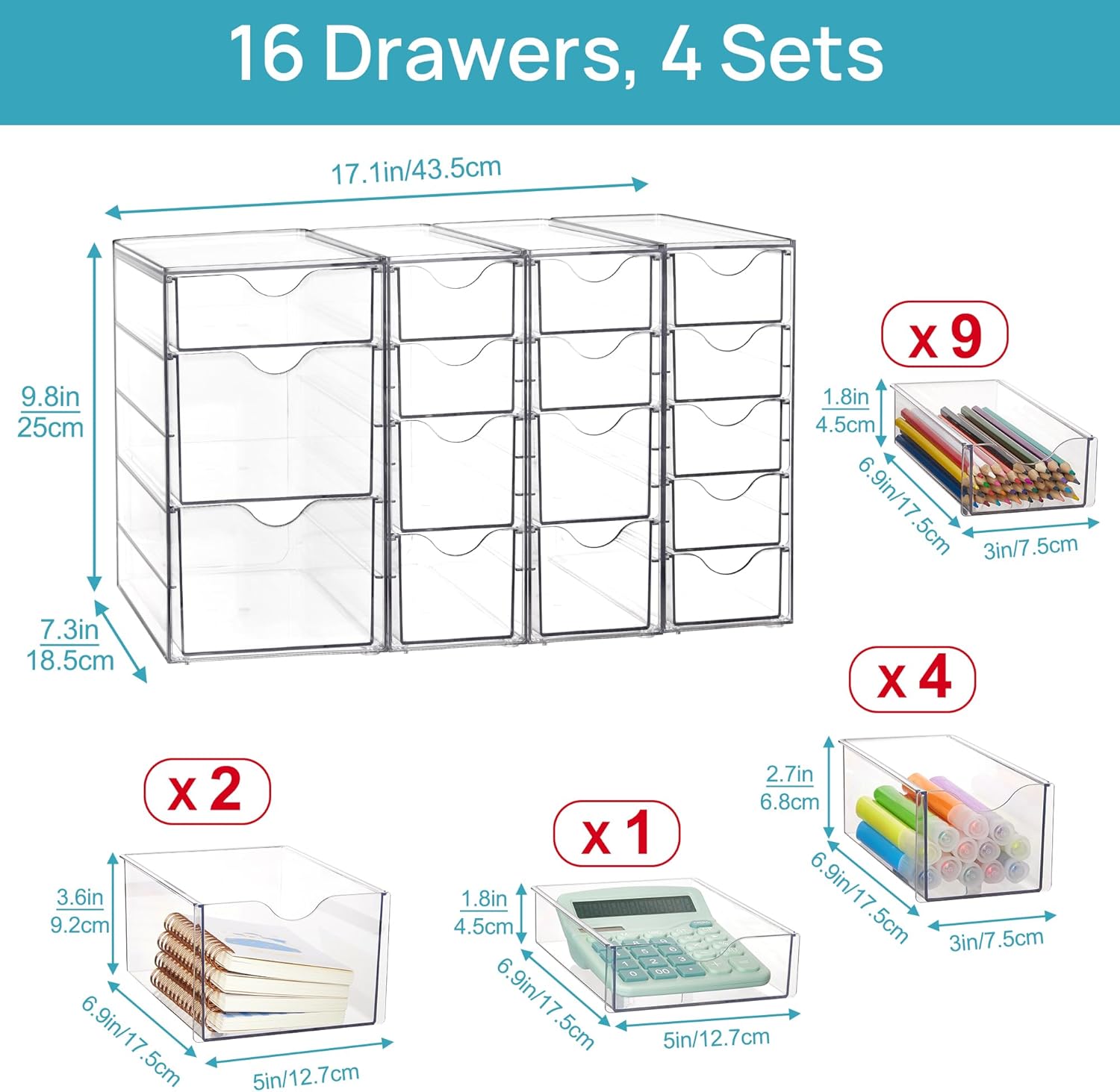 Private Label Vtopmart Acrylic Organizer with 16 Drawers (4 Set),Clear Storage Drawers for Office Supplies,Desk Organization and Storage for Makeup,Jewelry,Art Crafts Custom Logo Service