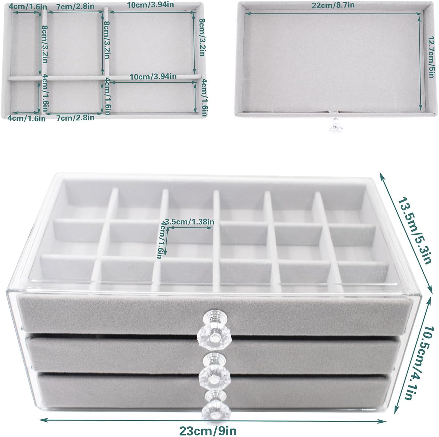 Direct Manufacturer Jewelry Box with 3 Drawers, Acrylic Earring Holder Organizer with Flannel Trays, Clear Jewelry Organizer for Women Girls, Display Holder for Earrings Ring Bracelet Necklace, Gray, 3 Layers Low MOQ