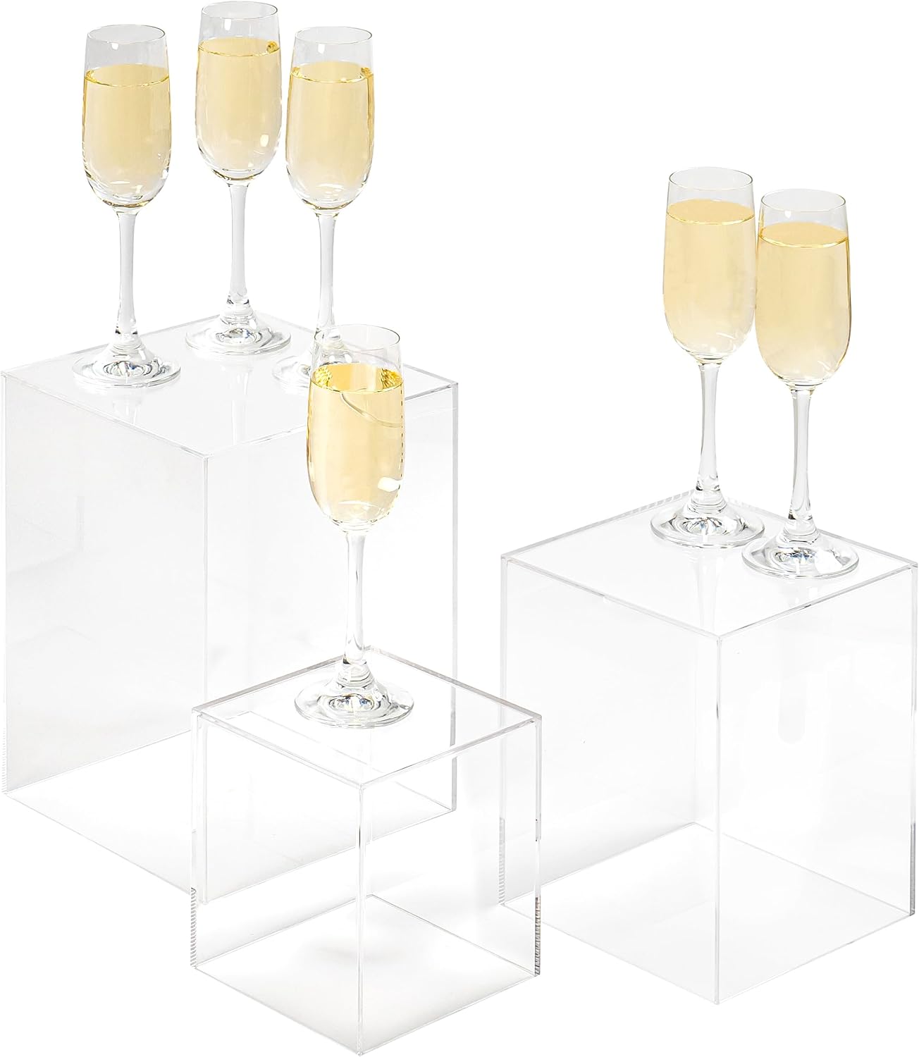 Private Label Red Co. Set of 3 (5", 7", 9") Square Clear Acrylic Event Decor Display Pedestal Stands with Polished Edges OEM Wholesale Manufacturer